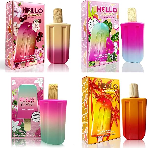 Set de Perfume A CENTER 4PCS para Mujer - Regalo de Fragancia Floral | Vainilla, Dulce Frutal, Eau de Parfum | 3.4 Fl Oz Cada Uno (Rio Jasmine & Hello Summer Tropical & Fruit & Berry) Tro & Fru & Ber 0.85 Fl Oz (Paquete de 4)