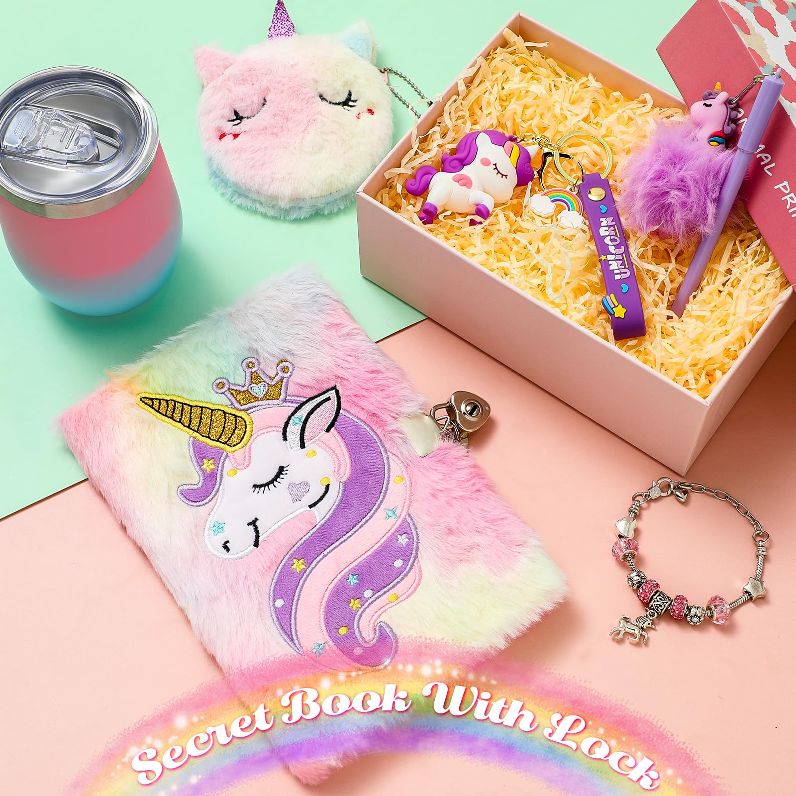 Yeaqee 10 Pcs Unicorns Gifts for Girls Aged 6+ Christmas Unicorn Birthday Gift Set with Unicorn Glow in The Dark Blanket Stuffed Unicorn Diary Headband Eye Mask Water Bottle Keychain Purse Bracelet