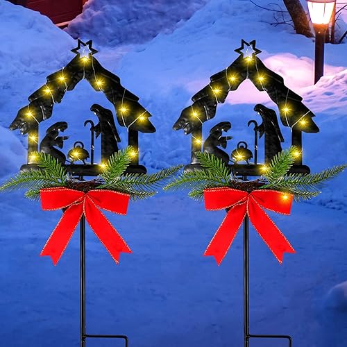 2 luces solares iluminadas de Navidad con estaca de belén, estaca de metal, impermeable, luz sagrada, decoración al aire libre con flor de pascua