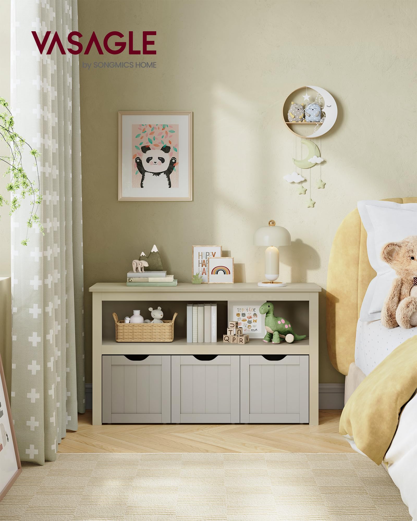 VASAGLE Meuble de Rangement pour Jouets, Étagère pour Enfants, Armoire, Commode, avec 3 Rangements à roulettes, pour Salon, Chambre, Salle de Jeu, 30 x 102 x 60 cm, Beige Sable LHS380K01
