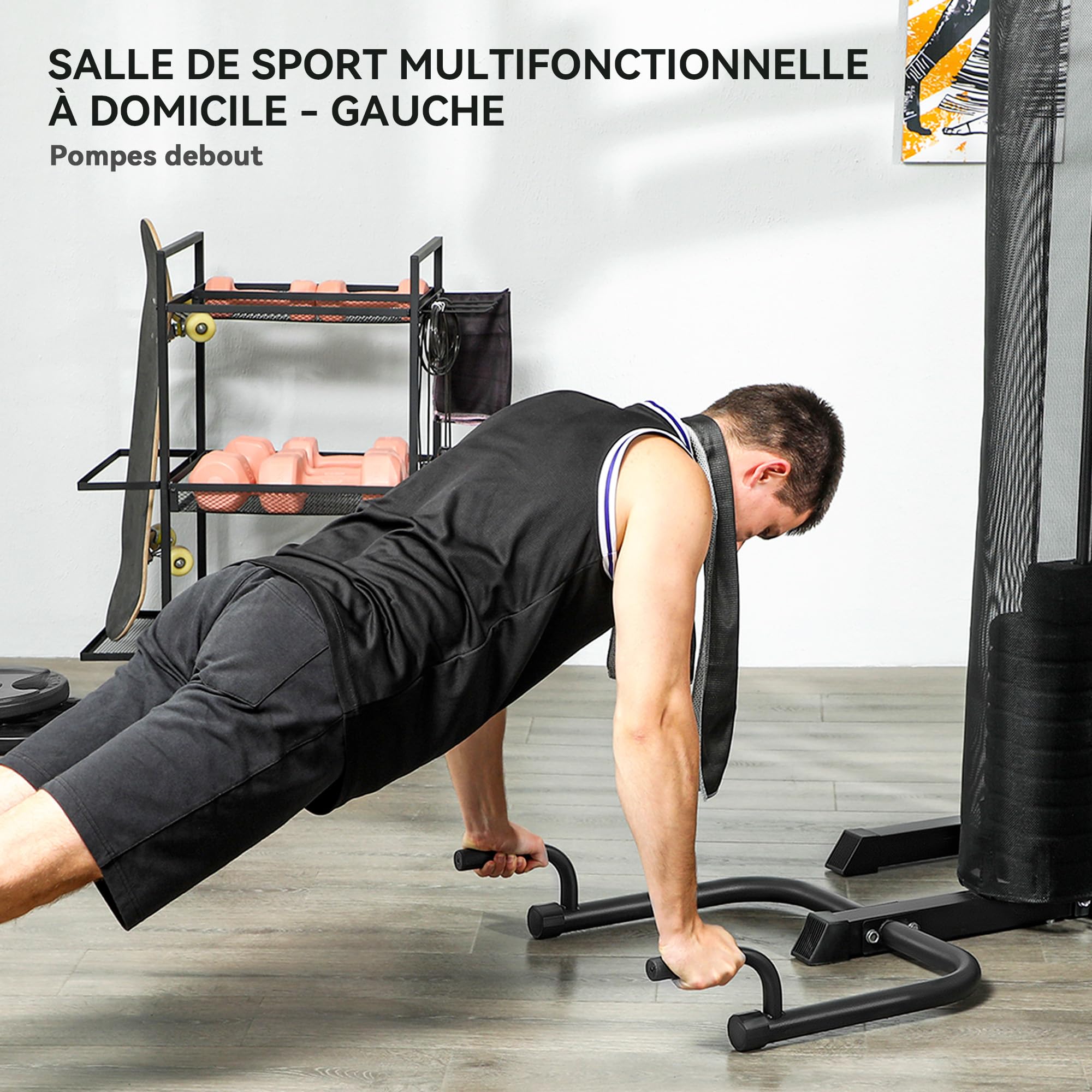 SPORTNOW Station de Musculation Multifonction Ajustable - Collaboration Aosom.FR x FFHandball - Banc Fitness 10 contrepoids 65 kg avec Filet de Protection Appareil de Musculation à Domicile