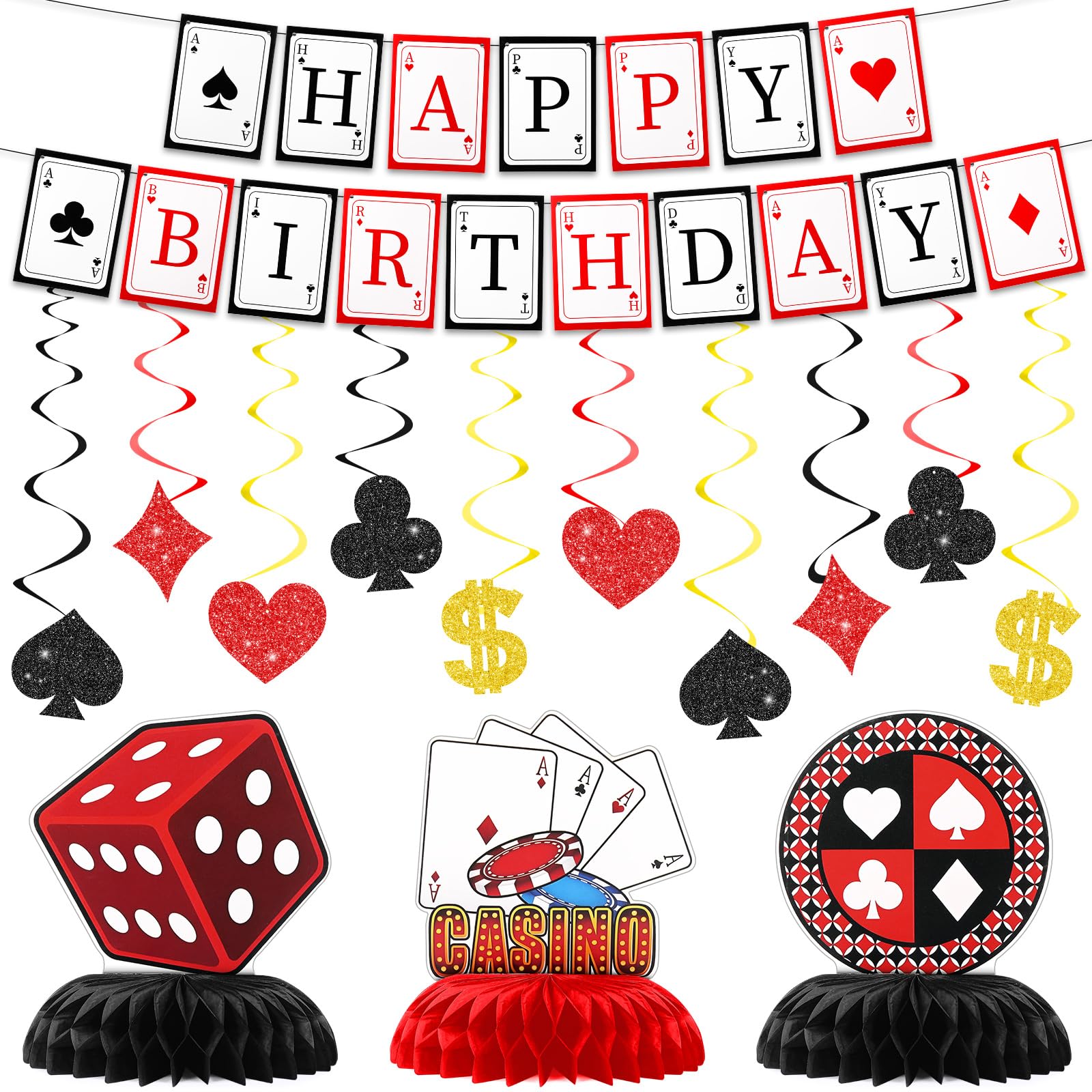 TaoBary 25 Pcs Casino Themed Party Decorations for Poker Birthday Banner Red and Black Casino Hanging Swirl Decor Honeycomb Toppers Table Centerpieces for Poker Birthday Party Supplies Game Night