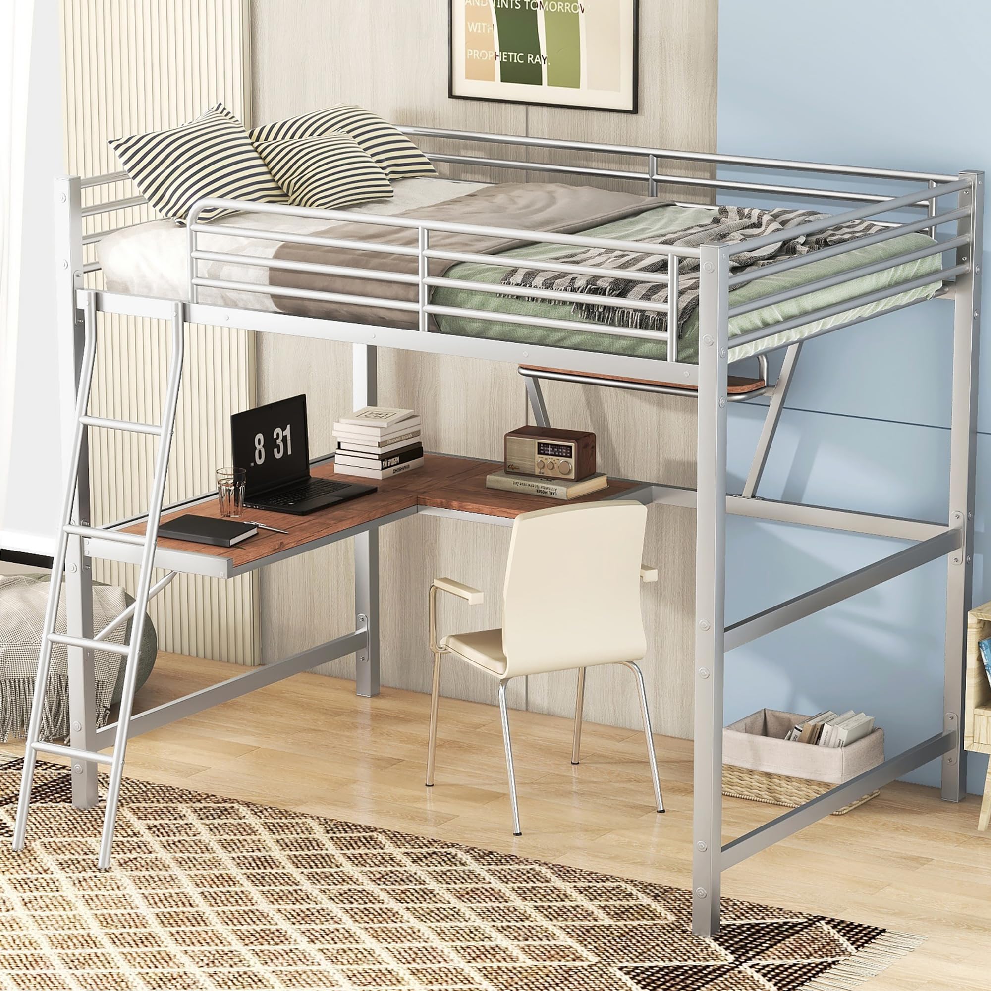 Full Size Loft Bed with Desk and a Storage Shelf, Heavy Duty Metal Loft Bed Full Size with Ladder and Guardrail, Full Loft Bed for Kids, Teens, Adults, Sliver Loft Bed Full Size