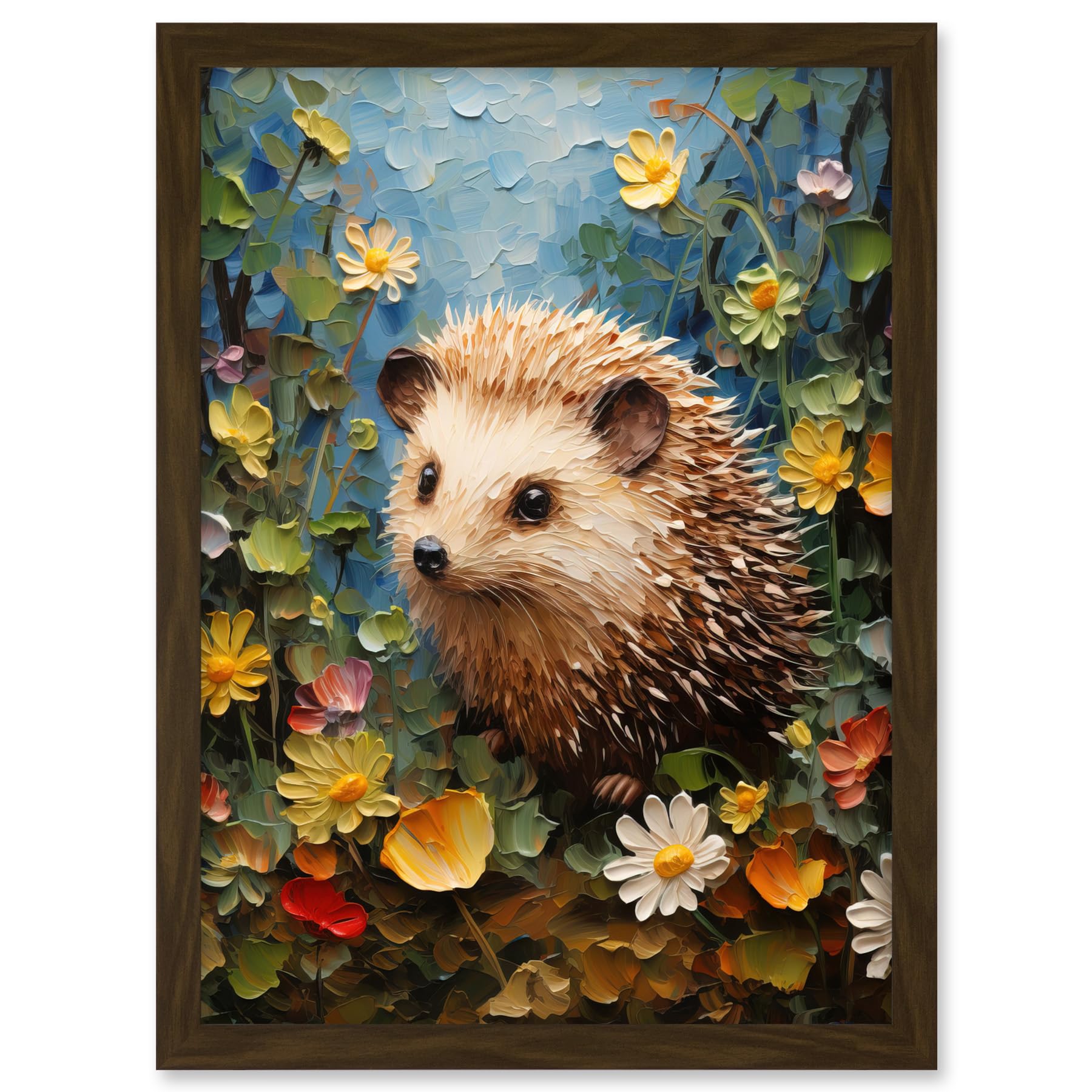 Artery8 Hedgehog Wildflower Meadow Thick Paint Oil Painting Kids Bedroom Cute Woodland Creature Artwork Framed A3 Wall Art Print