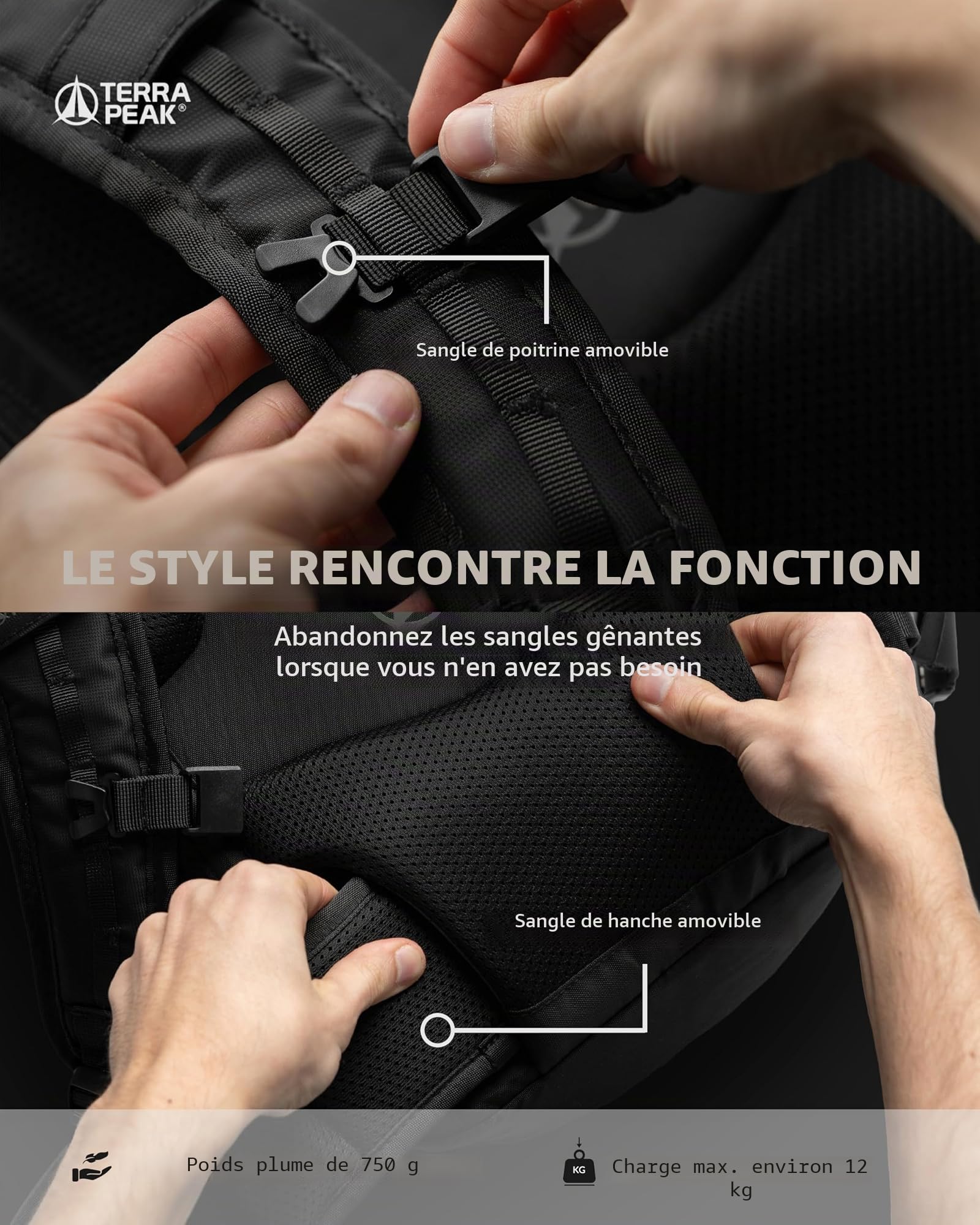 Terra Peak® Sac à dos Rolltop 20-25 litres (46x26x17cm) femmes et hommes (HELIN) noir - Sac de voyage, bagage à main en avion, de randonnée et trekking avec compartiment ordinateur portable (15")