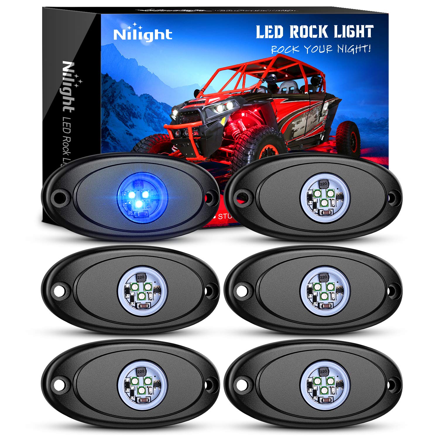 Nilight LED Rock Light 6PCS Underglow Wheel Well Pods Waterproof Exterior Underbody Roof Rack Side Lamps for Car Truck Pickups ATV UTV SUV Motorcycle Boat, Blue Color