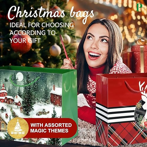 Miniatura 6 de 12 bolsas de papel de regalo de Navidad extra grandes a granel con asas y 60 etiquetas de regalo de Navidad, 6 diseños, juego de sacos de gran