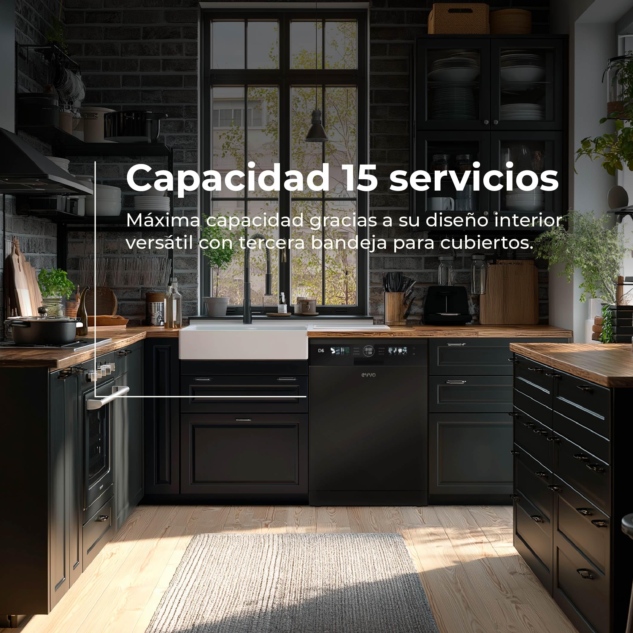 Lavavajillas D6 Libre Instalación 60 cm - Clase B Alta Eficiencia, 15 Cubiertos, 8 Programas, Apertura Automática, Luz UV e Inicio Diferido - Lavavajillas Acero Inoxidable Inox - Secado Turbo (Negro)