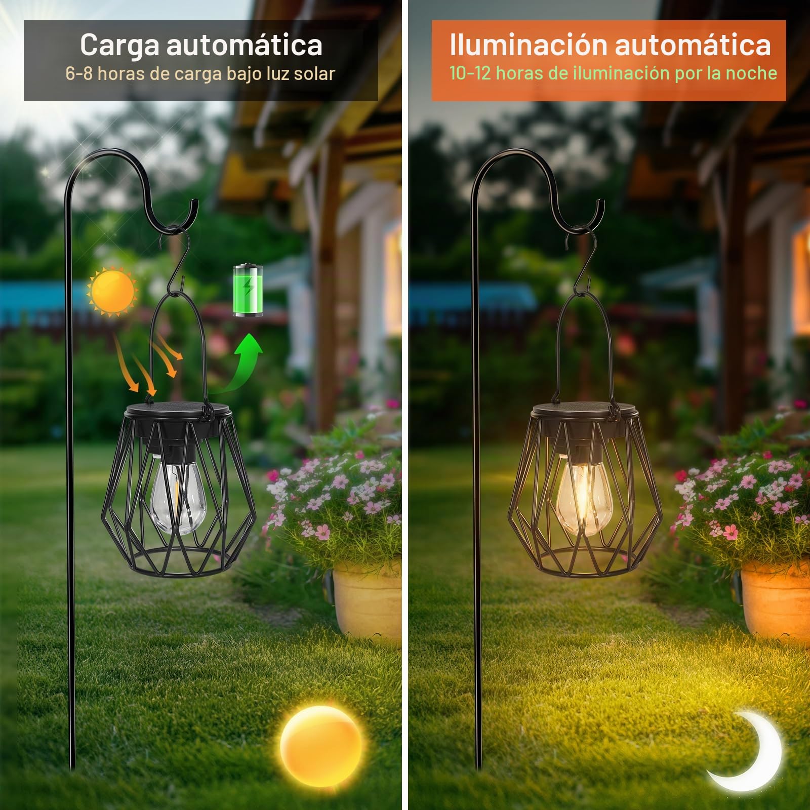 Ketom Farolillos Solares Exterior, 2 Lamparas Solares LED Farol Solar Jardin Diamante Colgante, Metal IP65 Impermeable Decoracion para Patio Terraza Césped Camping Halloween