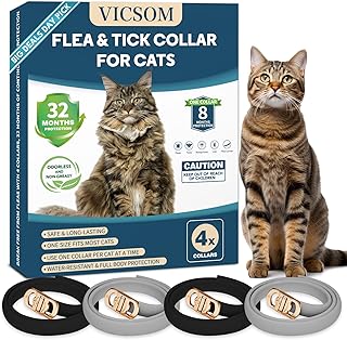VICSOM 4 Pack Flea and Tick Collar for Cats, 32 Months Treatment Prevention, Waterproof Adjustable Kitten Collar, Black Grey