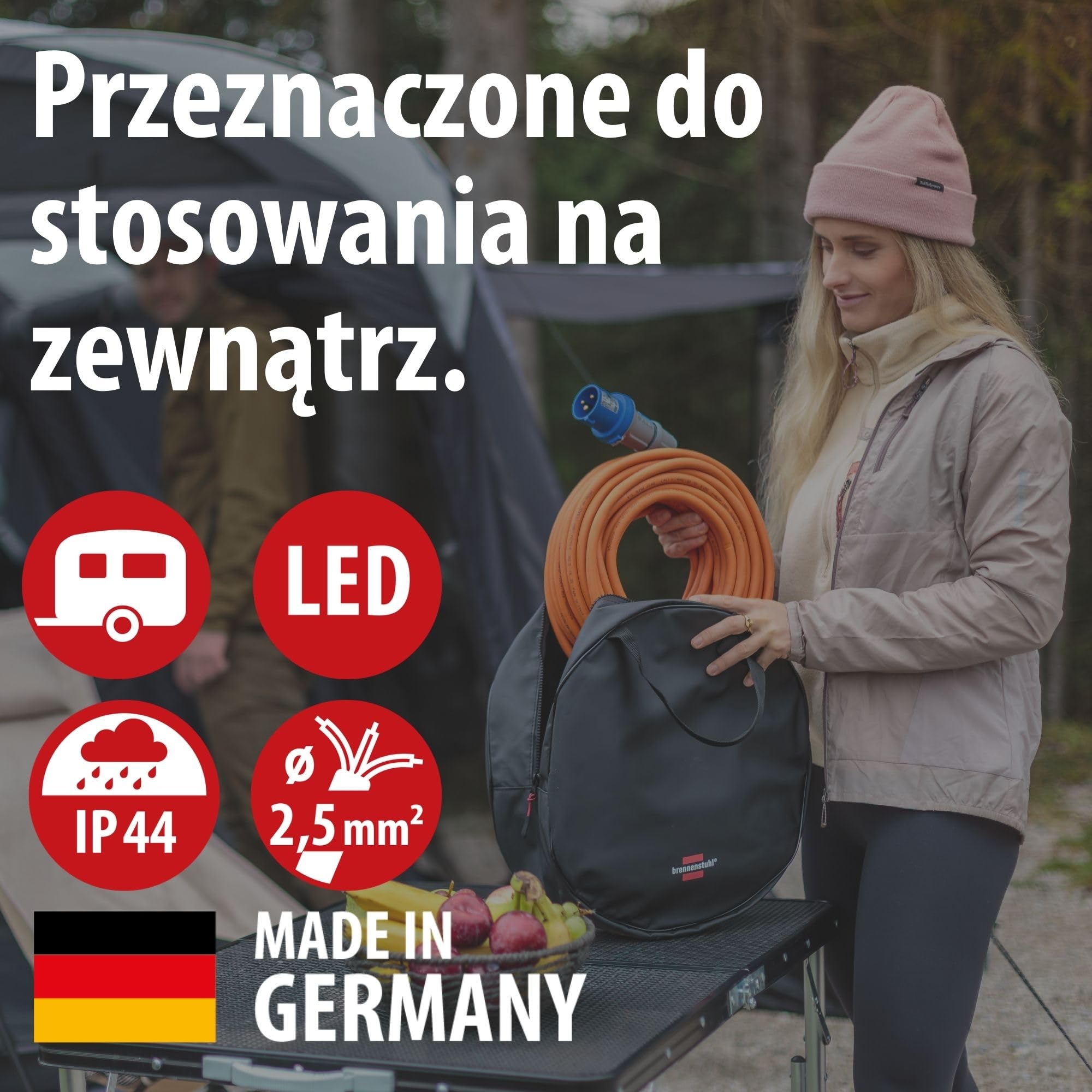 Brennenstuhl Przedłużacz kempingowy CEE 230 V, 25 m, z diodą LED wskazującą napięcie (kabel H07RN-F 3G2,5, kabel kempingowy do stałego użytku na zewnątrz, IP44, wyprodukowany w Niemczech)