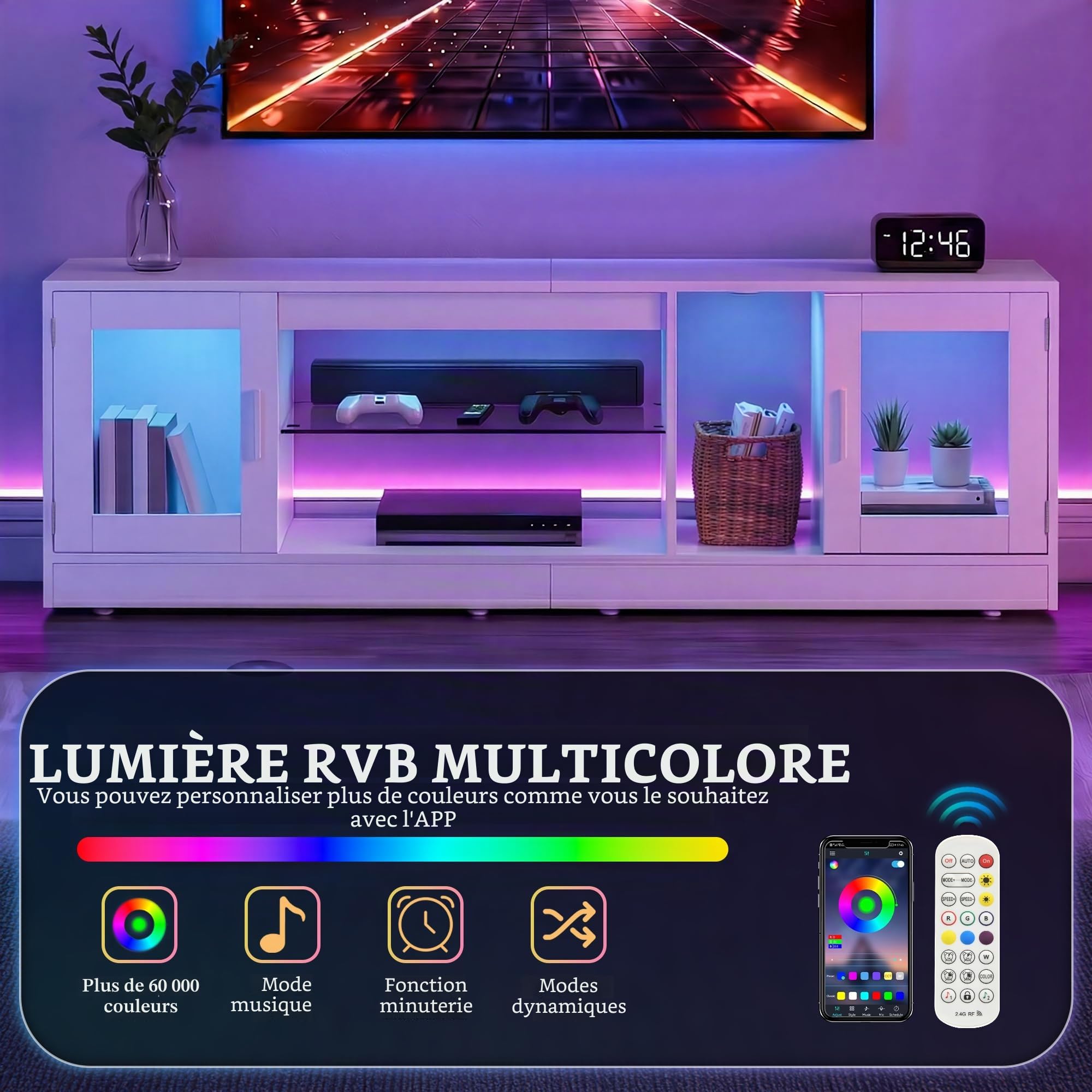 YITAHOME Meuble TV de 160 cm avec 7 LED RVB avec 2 armoires fermées, 3 étagères Ouvertes et étagère en Verre réglable, Centre de Divertissement Moderne pour Le Salon, 160 x 32 x 51 cm