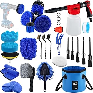 27Pcs Car Wash Cleaning Kit with Foam Gun, Car Detailing Kit, Auto Detail Supplies Tools With Wheel Drill Brush Set, Car Polishing Kit, Car Detailing Brush Set for Tires, Wheels, Interior & Exterior