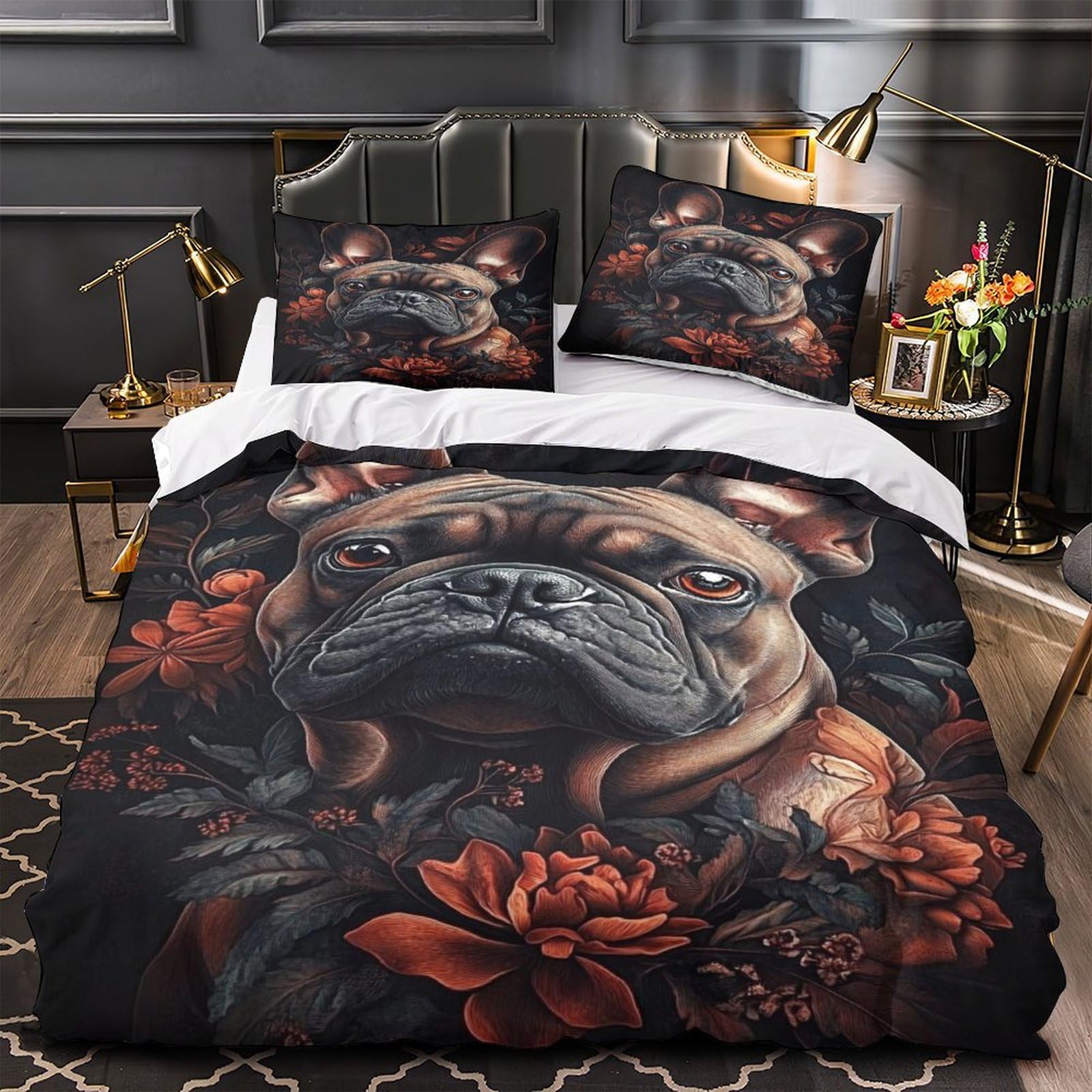 Housse de couette bouledogue français portrait artistique 3D avec fermeture éclair 260x220