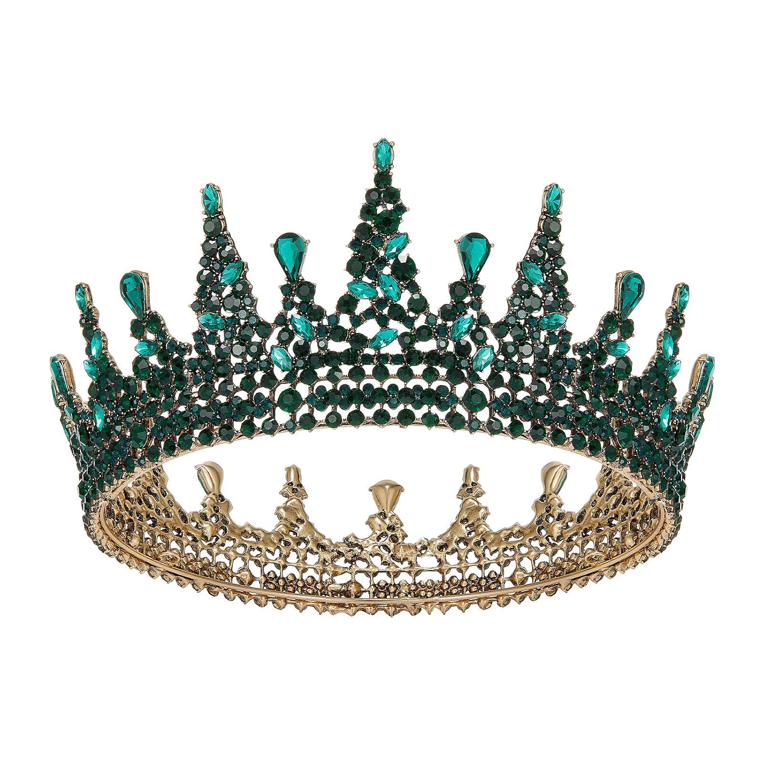 SWEETV Jeweled Queen Crown for Women, Full Round Baroque Tiaras and Crowns, Crystal Costume Party Headpieces for Wedding Birthday Halloween Prom,Green