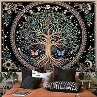 Vista 1 de Lunerfex Árbol de la vida, tapastry con diseño de sol y luna, diseño bohemio con mandala para colgar en la pared para dormitorio y sala de estar