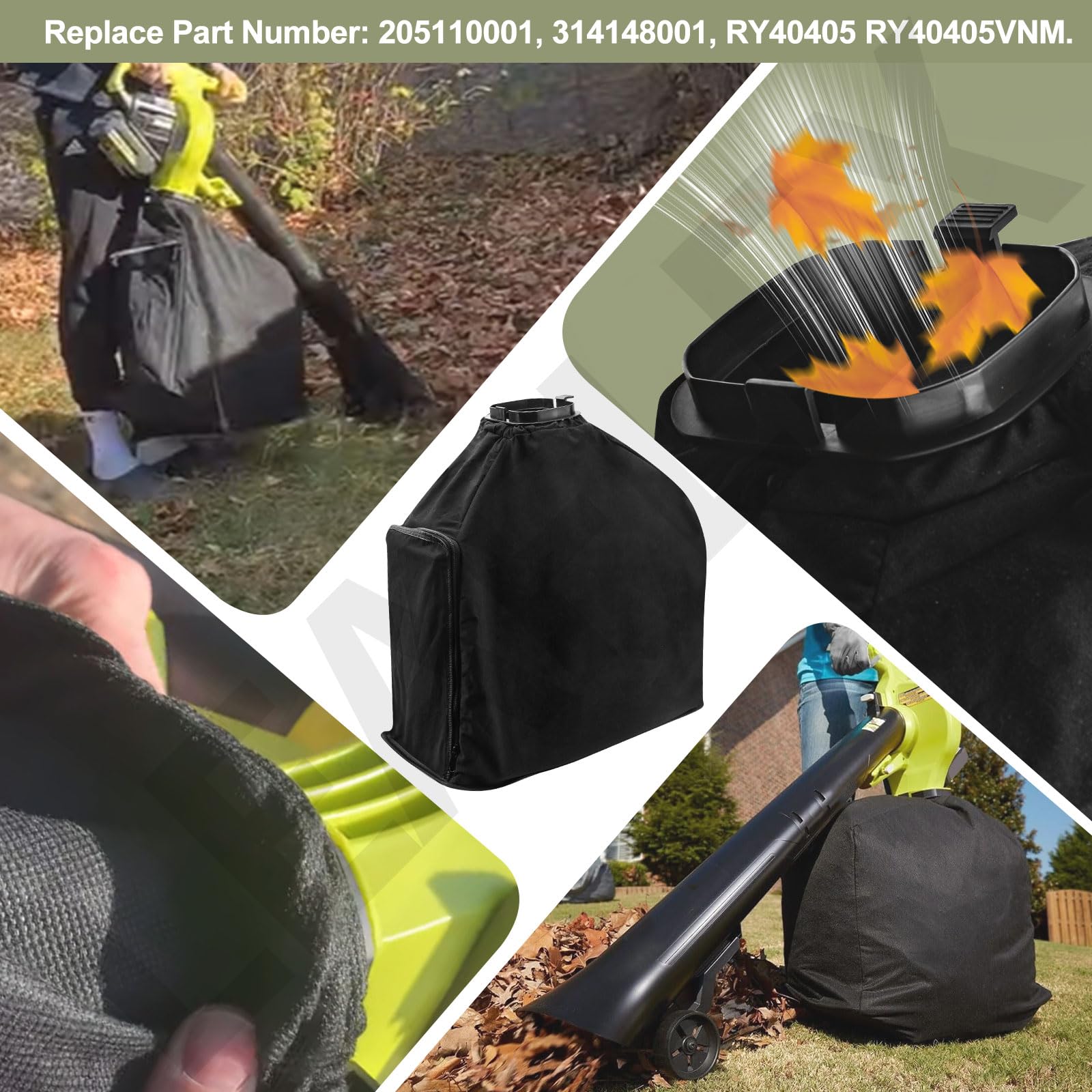 205110001 - Bolsa de ataque para aspiradora de hojas y montaje de rueda 314148001 compatible con Ryobi 40 V Leaf Vaccum Vac Attack Reemplaza RY40405 RY40405VNM