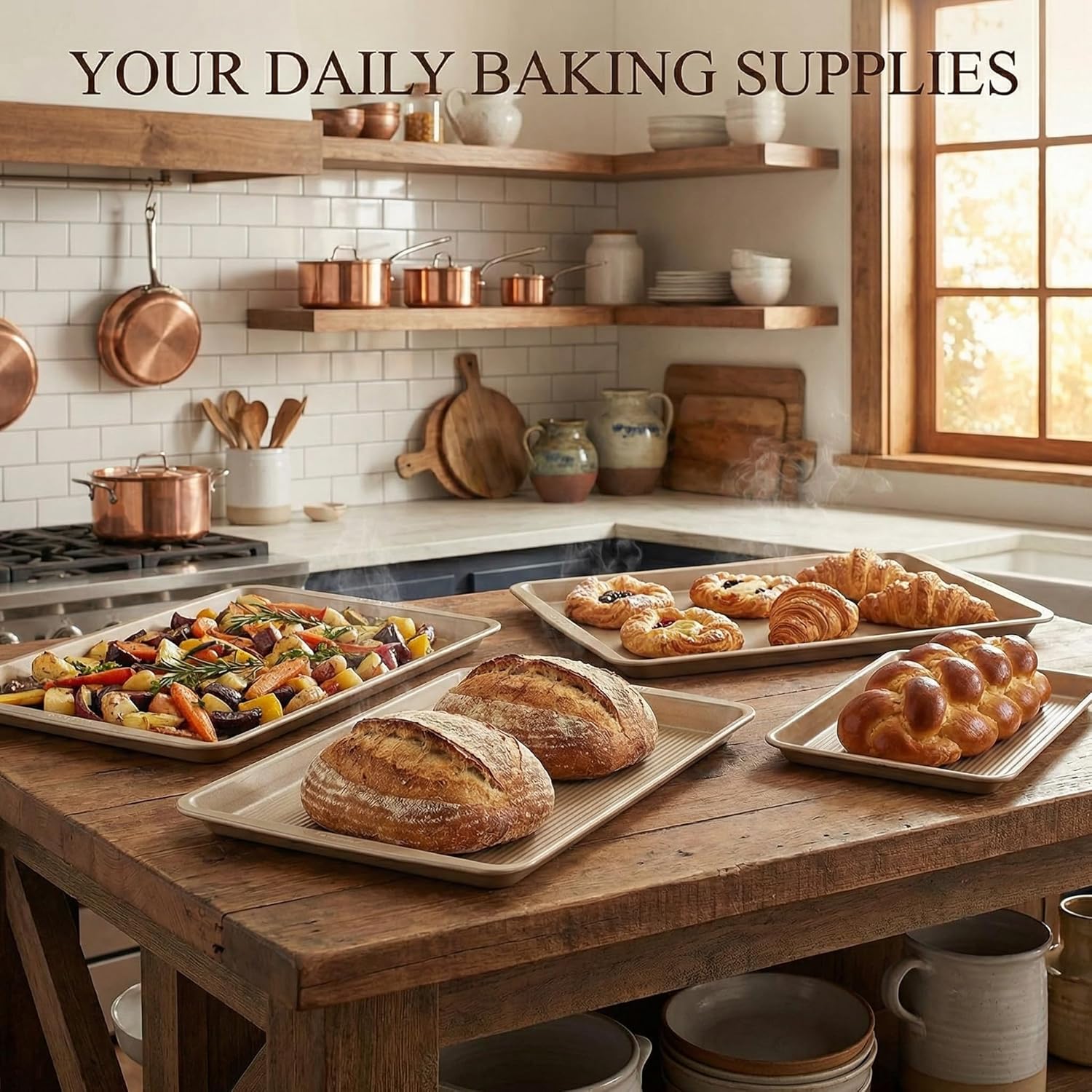 6 PCS Sheet Pan Set, Nonstick Cookie Sheets with Square Pattern, Carbon Steel Baking Pan Set Include Brush & Scraper, Gold