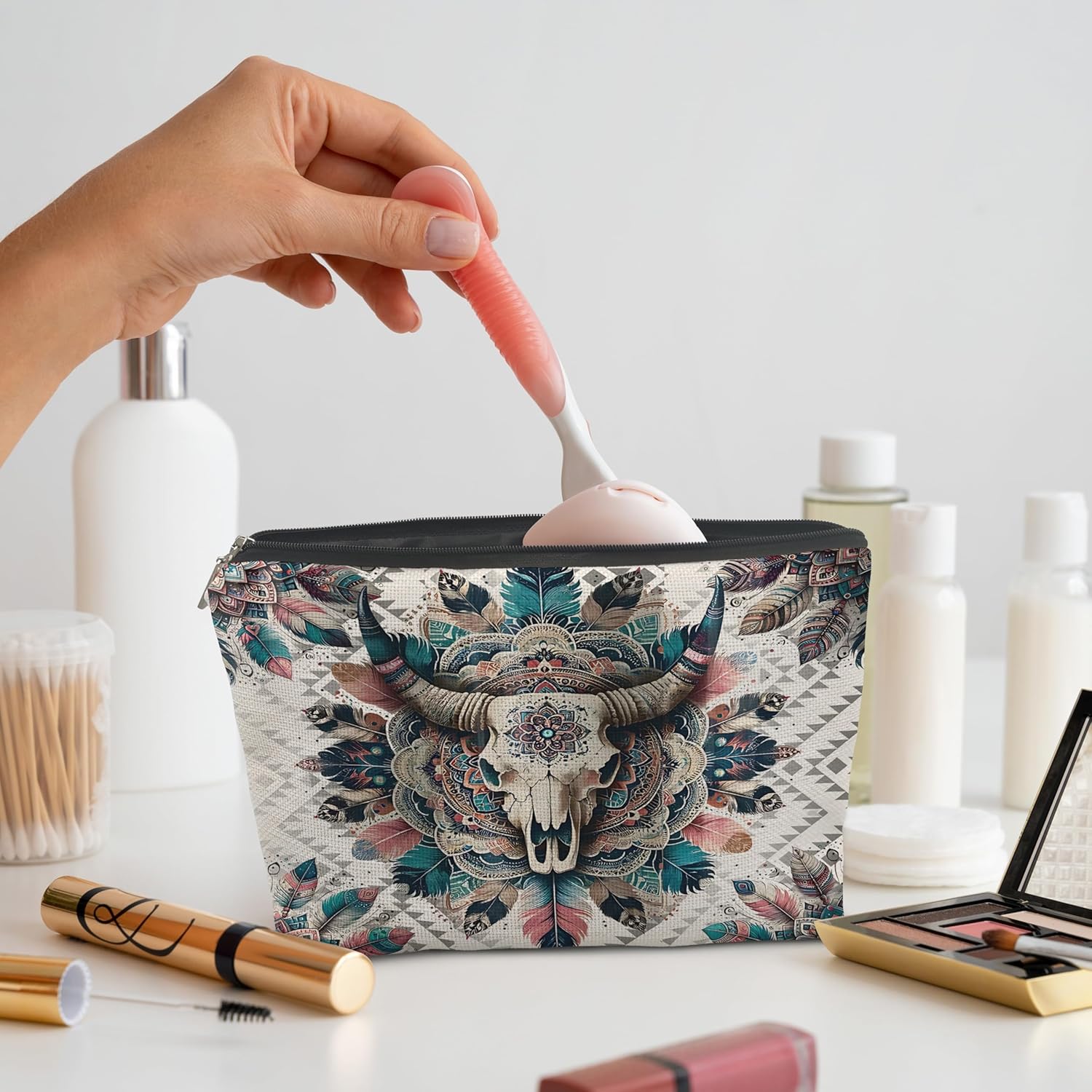 Boho Western Makeup Bag, Western Bull Skull Aztec Cosmetic Bag Toiletry Bag, Western Gifts for Women, Cowgirl Gifts, Country Girl Gifts, Western Stuff for Women, Western Makeup Pouch - Image 2