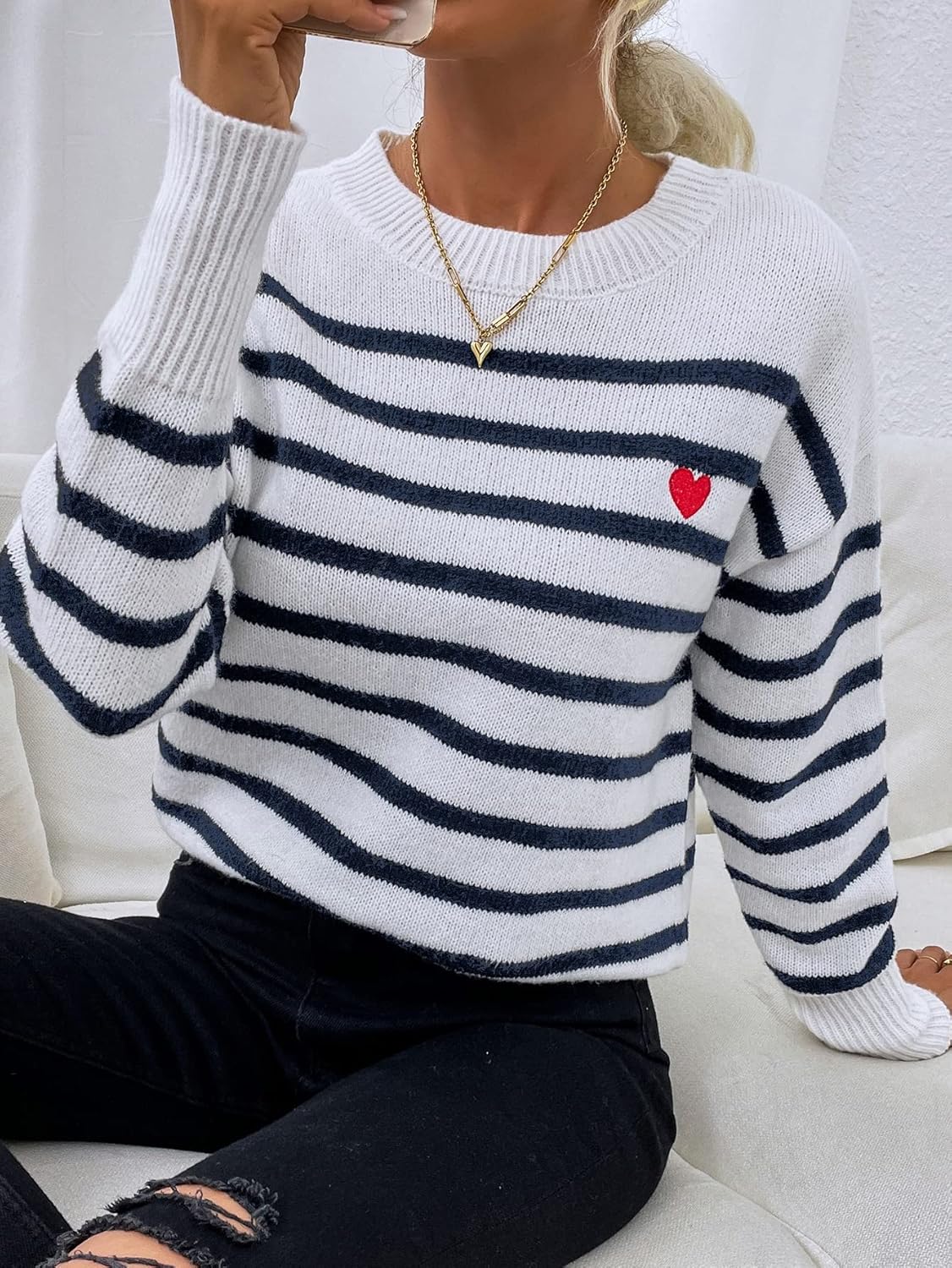 Women's Sweater Heart & Striped Pattern Sweater Sweater for Women (Color : Blue and White, Size : Medium)