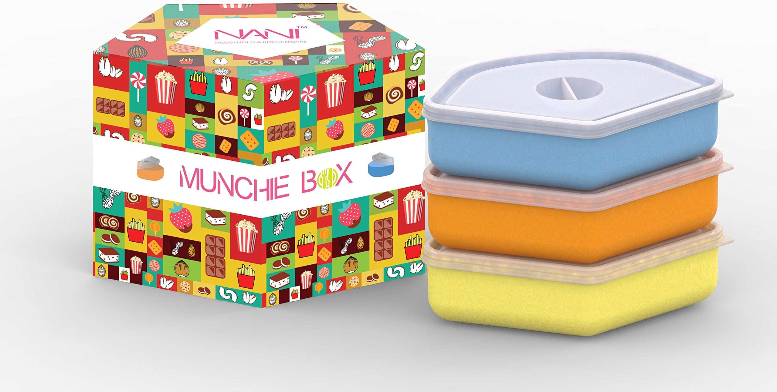 Nani's Munchie Box Food Container (Pack of 3, Orange,Blue,Yellow), Baby Food/Mini Snacks Box.