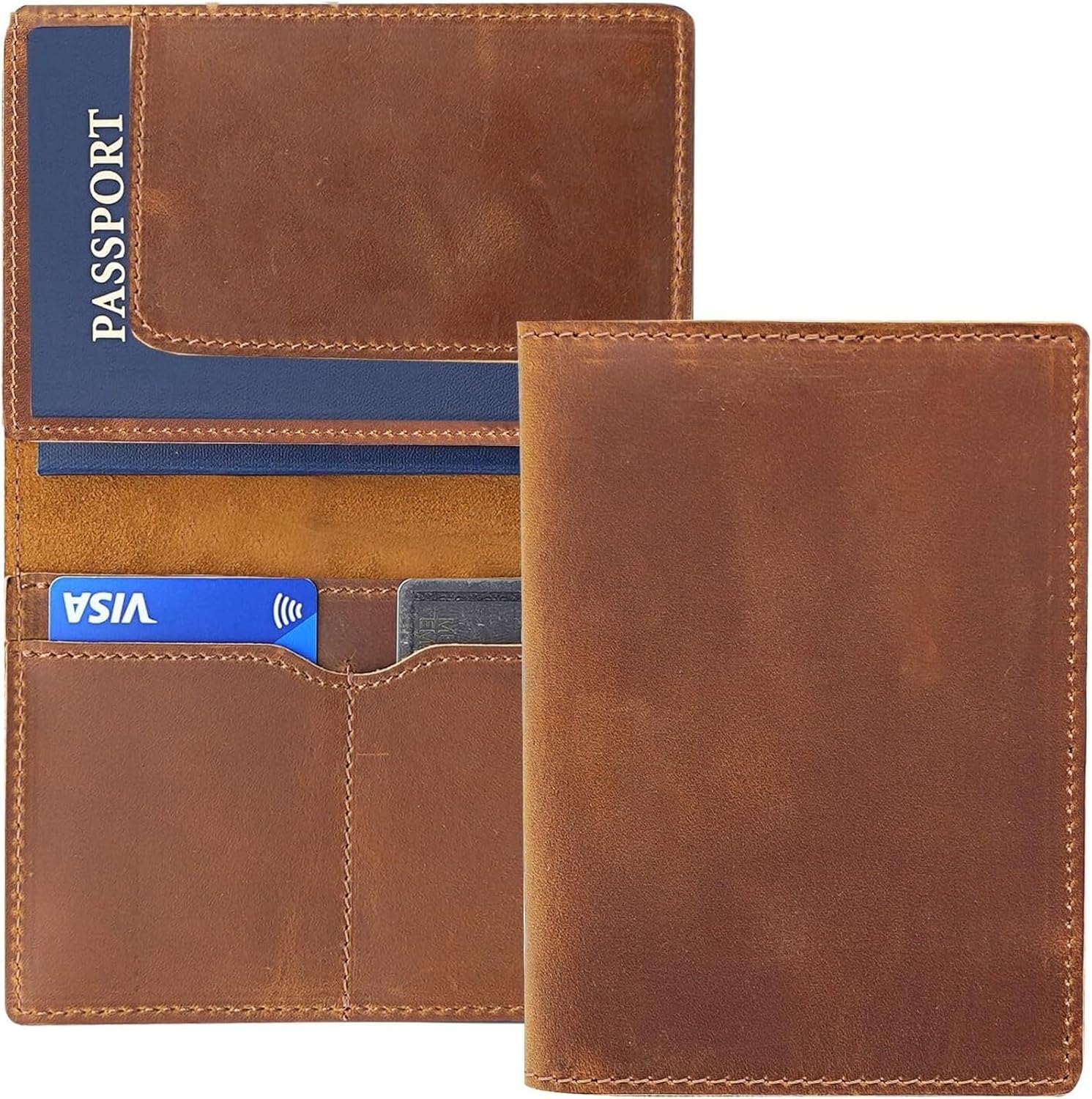 Retro Travel Genuine Leather Passport Holder with Folding Wallet Design(Brown)