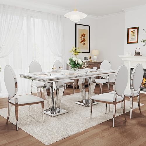 Miniatura 14 de Juego de comedor de lujo de 7 piezas, mesa de comedor moderna y sillas tapizadas, juego de mesa de cocina de mármol para 6, juego de mesas de