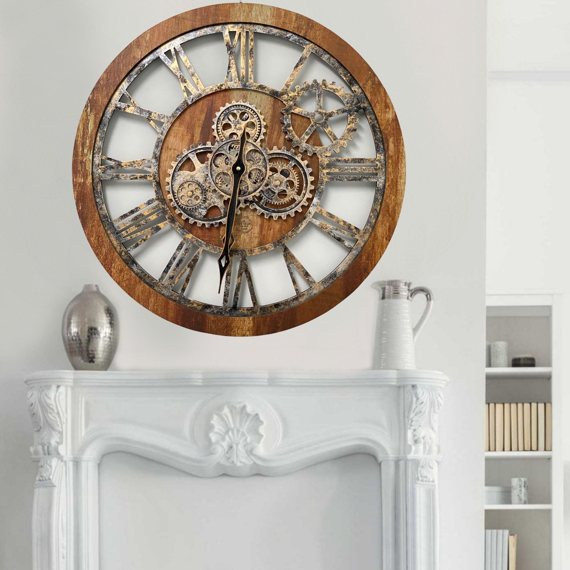 The Gears Clock Horloge Murale Originale à Engrenages Mobiles Style Vintage Industriel surdimensionné Rustique (60 cm, Marron Vintage)