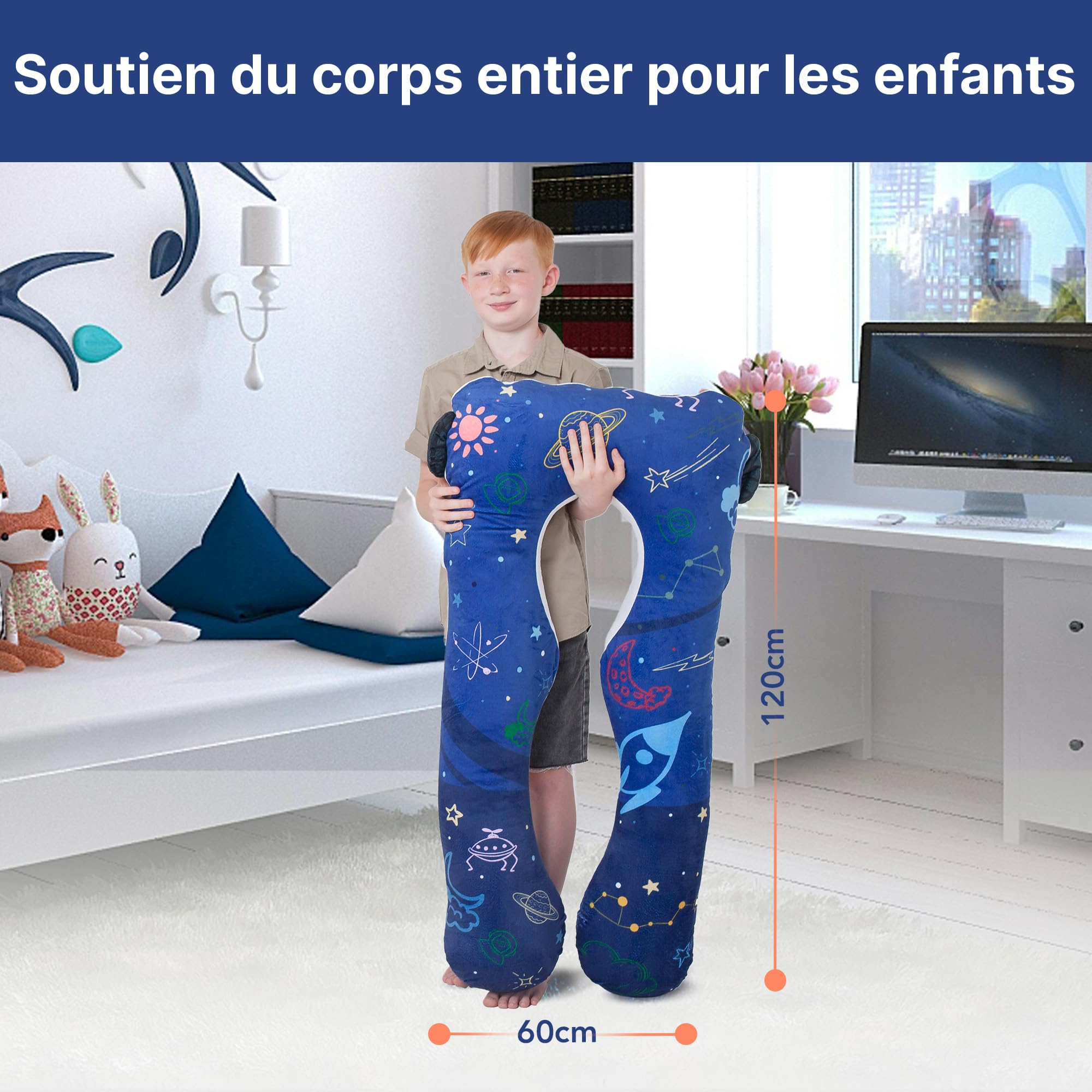 MKS Coussin Enfant 60x120cm, Oreiller Ergonomique et Orthopédique en U, Modèle Apaisant Anti-Stress, Support de Maternelle et Lecture, Douillet et Personnalisé
