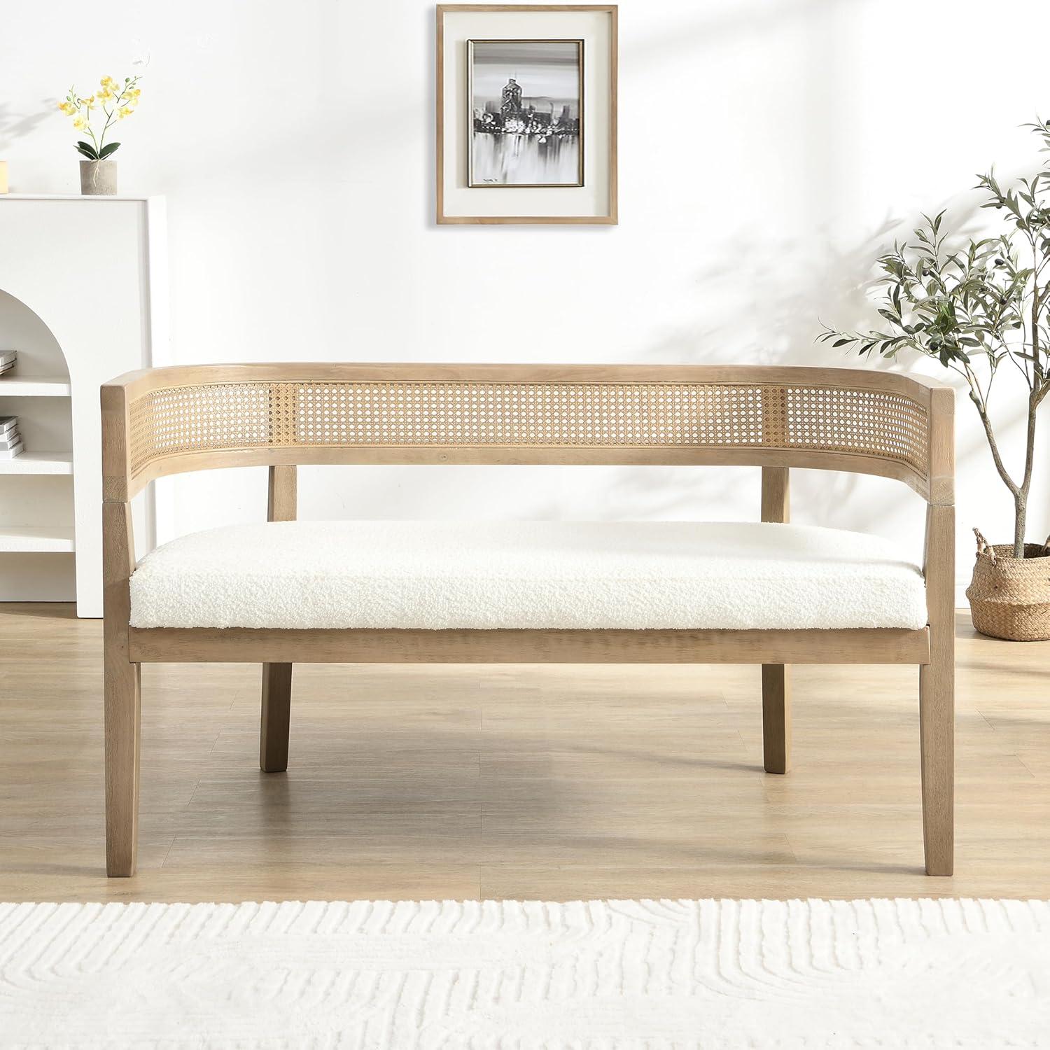 Christopher Knight Home Xiza Modern Boucle Upholstered Loveseat Sofa with Rubberwood Frame, Comfy 2-Seater Sofa Couch and Rattan Backrest, Love Seat Couches for Living Room, Beige + Natural Ash