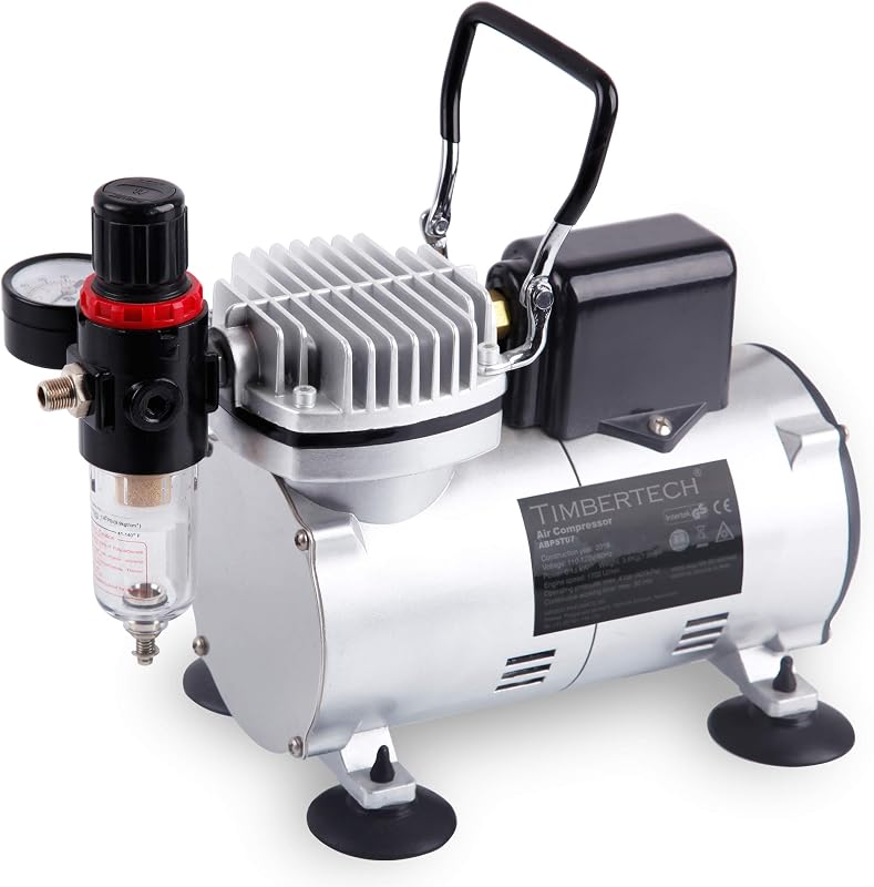 Compresor de aerógrafo básico mejorado Timbertech ABPST07, potente y silencioso sistema de pintura de aerógrafo de compresor portátil de 1/6 hp con ventilador Motor Cool Dawn para pintura de aerógrafo, uñas, tatuajes, pintura para pasteles