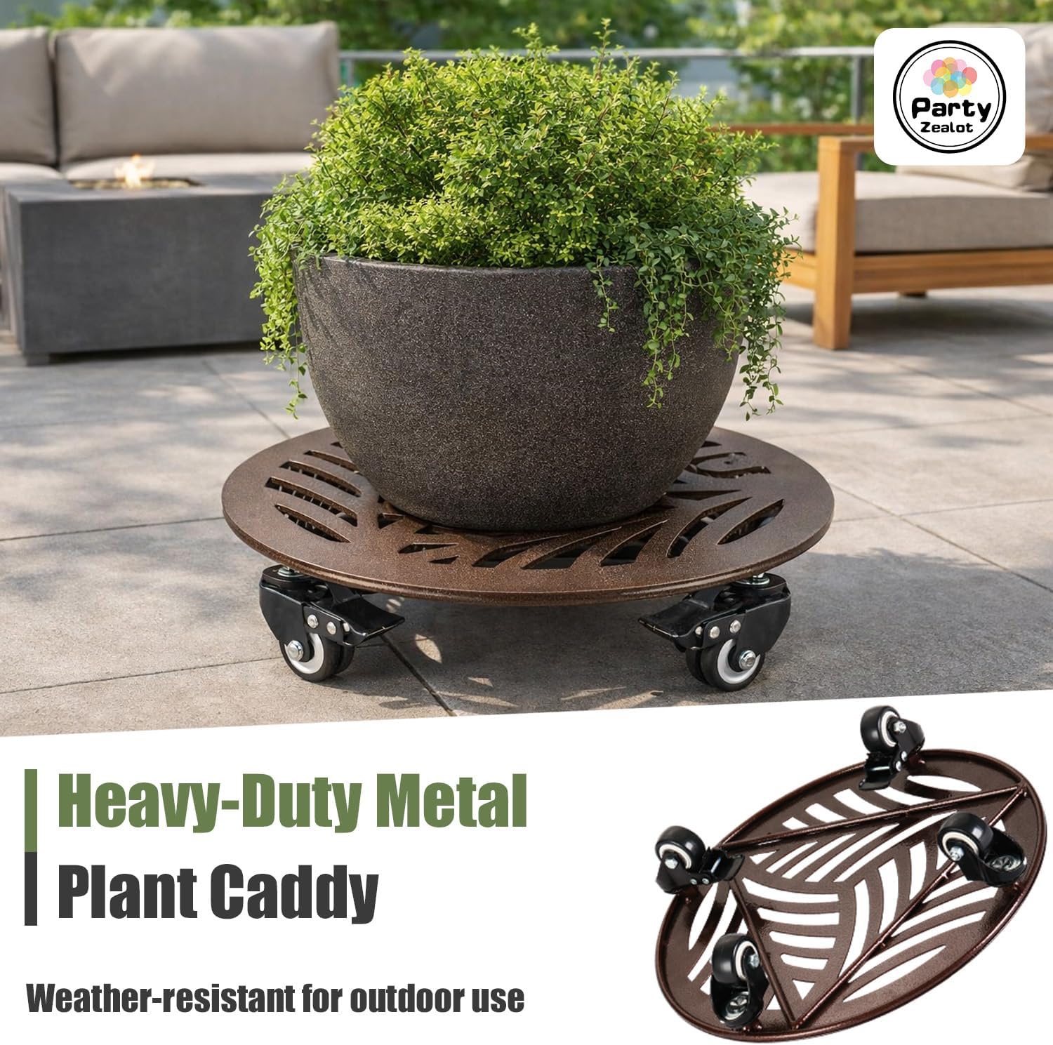 2-Pack Large Metal Plant Caddy with Wheels 13.6 Inches Heavy-duty Rolling Plant Stands with Casters Wheeled Flower Pot Mover Rollers Rust-proof Iron Planter Dolly Coasters for Indoor Outdoor Use