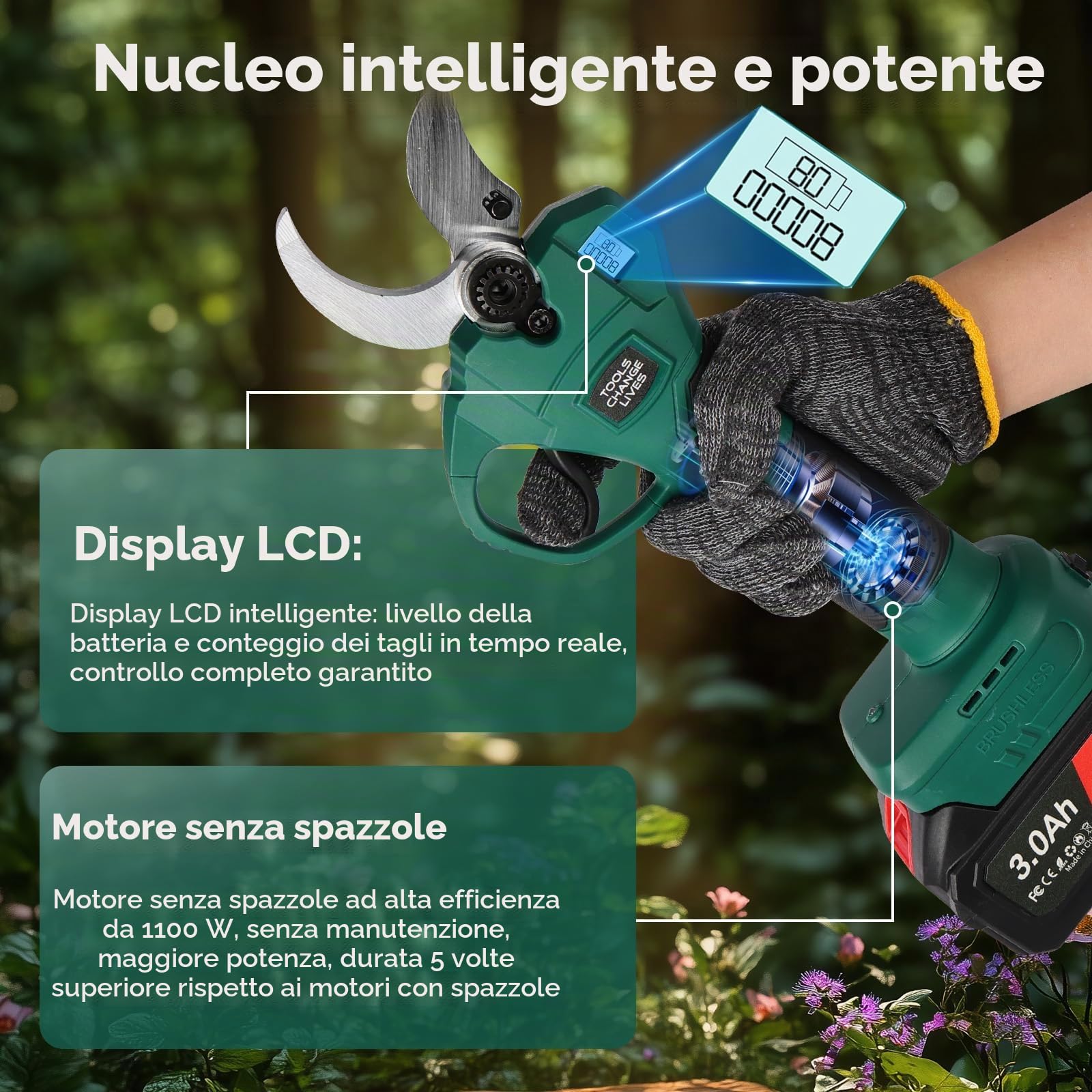 Forbici Potatura a Batteria 50mm con 21V 2x3000mAh Cavo di Prolunga SK7 | Professionali Cesoie Elettriche Leggere e Display LCD Taglio Progressivo per Ulivi Vigneto e Giardino