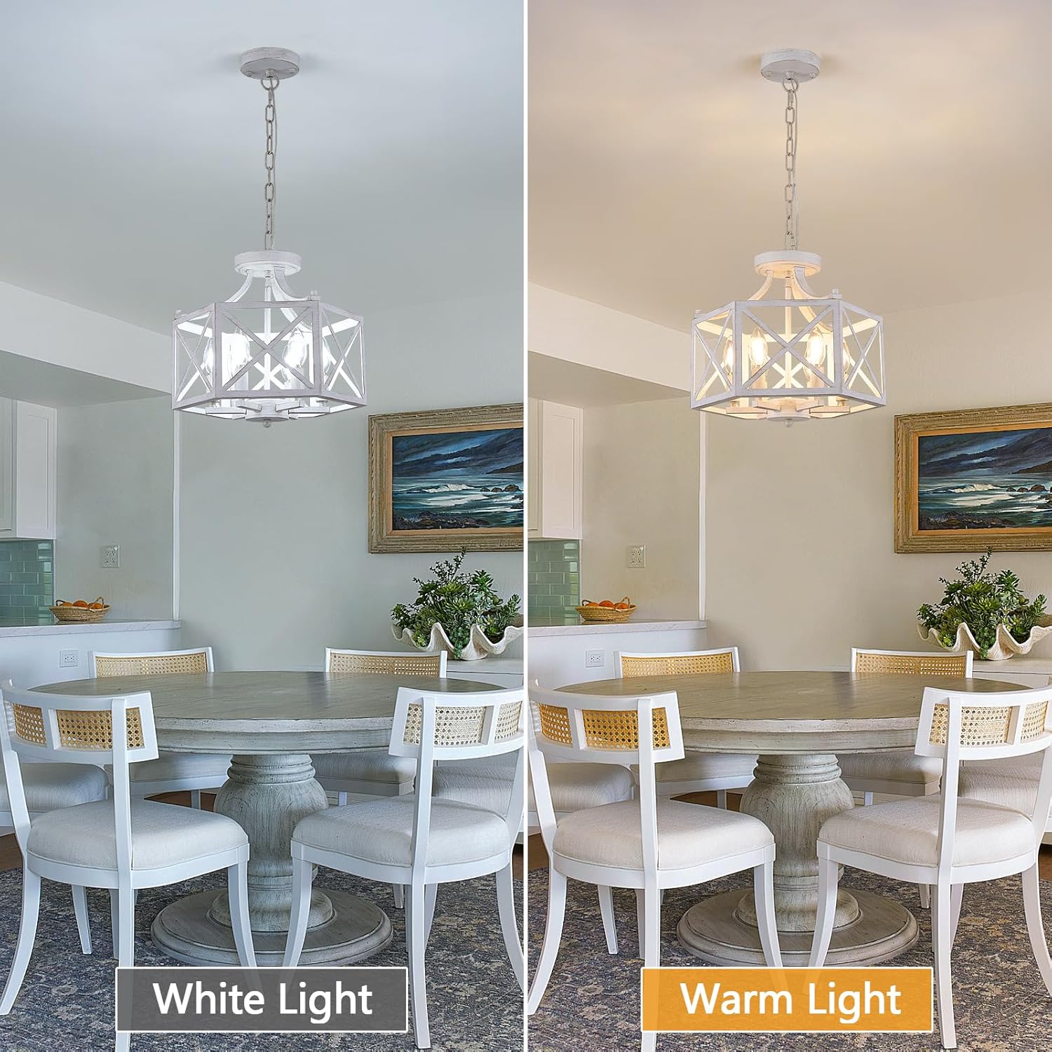 6-Light Antique White Pendant Light, Modern Farmhouse Chandeliers for Dining Room, Adjustable Hexagonal Metal Hanging Light, Vintage Geometric Pendant Lighting for Kitchen Island Entryway Foyer