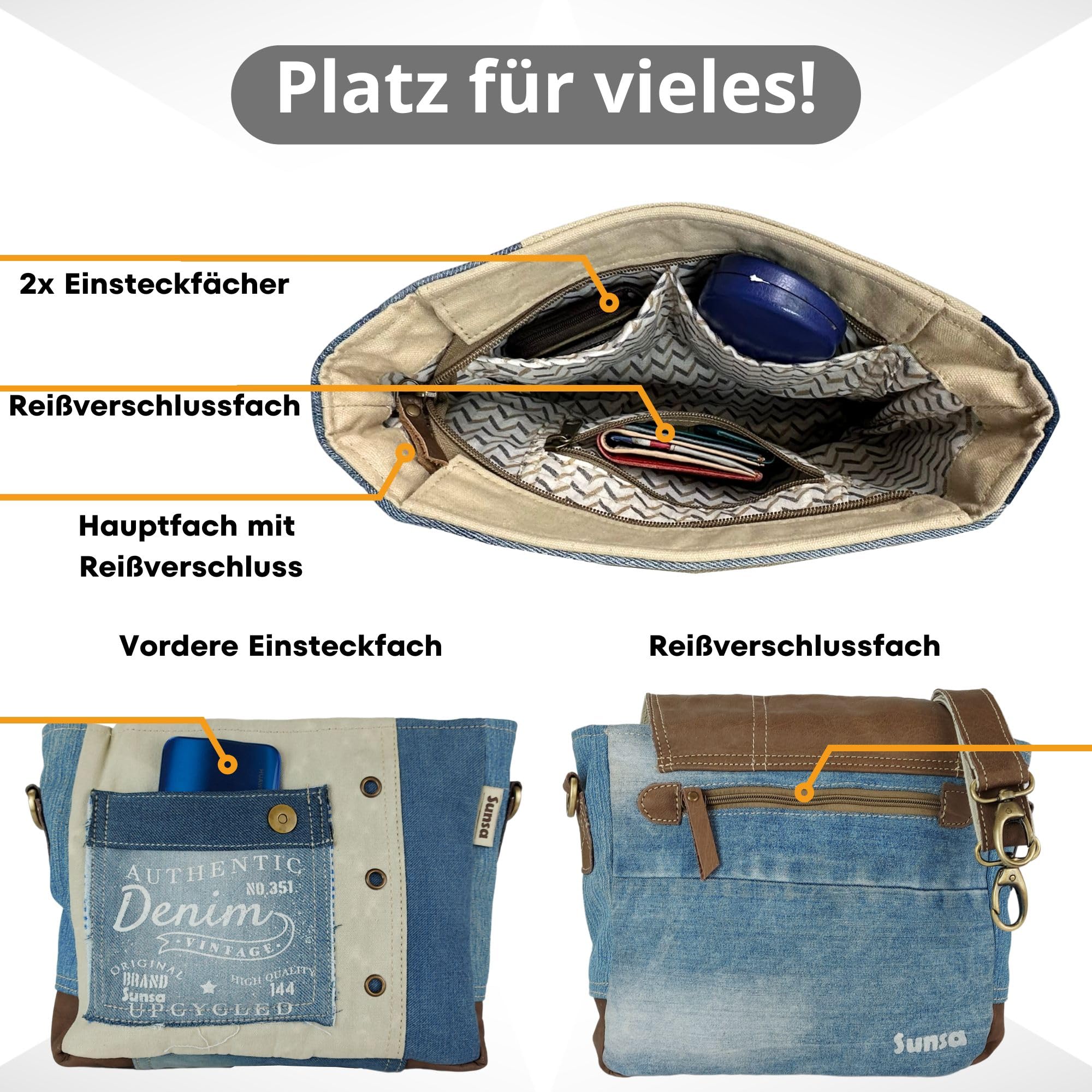 Sunsa Damen Umhängetasche. kleine Messenger Tasche aus Canvas recycelte Jeans & Leder. Nachhaltige Vintage Crossover Bag mit Lederklappe. Handtasche als Geschenkideen für Frauen