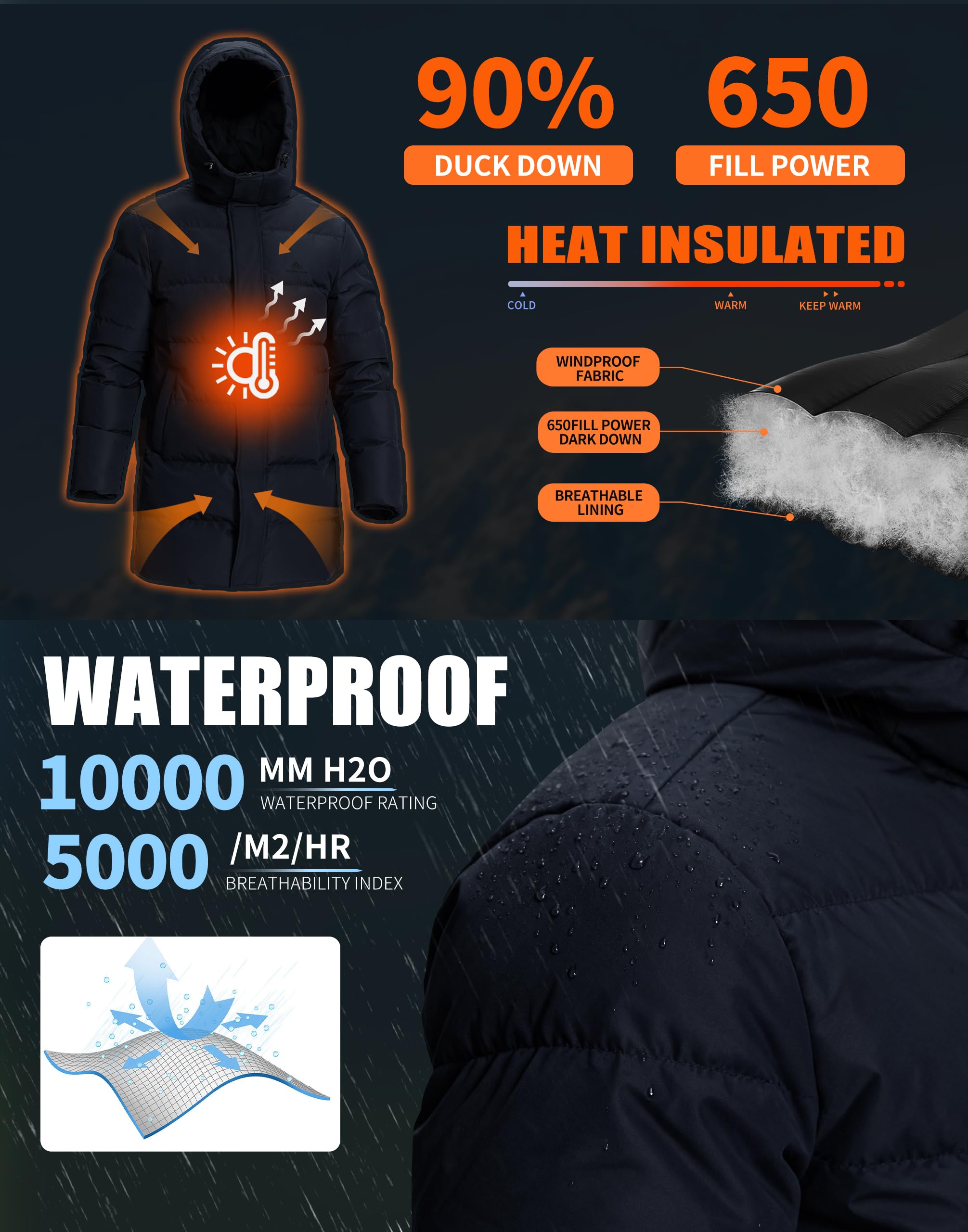 Pioneer Camp Herren Daunenjacke Lang Warme Winddicht Wasserdicht Übergangsjacke, Dick Gefüttert Winterjacke mit Taschen Parka Jacke Outdoor Puffer Jacket mit Kapuze (224g Füllmenge bei Größe XL)