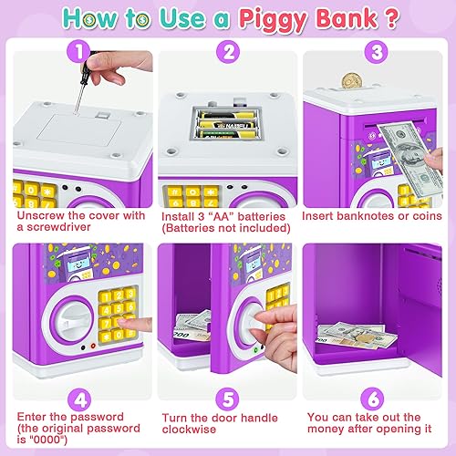 Miniatura 33 de Alcancía azul para niños, banco electrónico de monedas, tarro de dinero seguro para niños de 4 7 8 9 10 11 años con bloqueo de código de contraseña