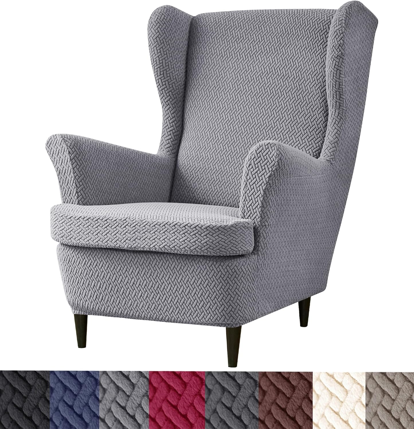 HFCNMY Wingback Chair Slipcover, 2 Piece Thick Stretch Jacquard Wing Chair Covers with Arms, Elastic Bottom - Gray Grey