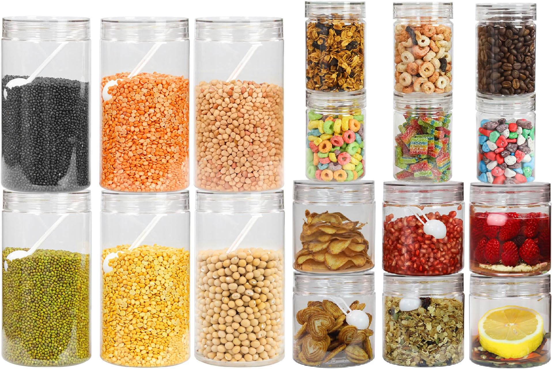 PEARLPET Plastic Tiffany Container Set for Kitchen Storage Set with Spoons, Pack Of 18 Pcs 300 Ml, 500 Ml, 1400 Ml Suitable For Rack, Spices, Fridge-Transparent