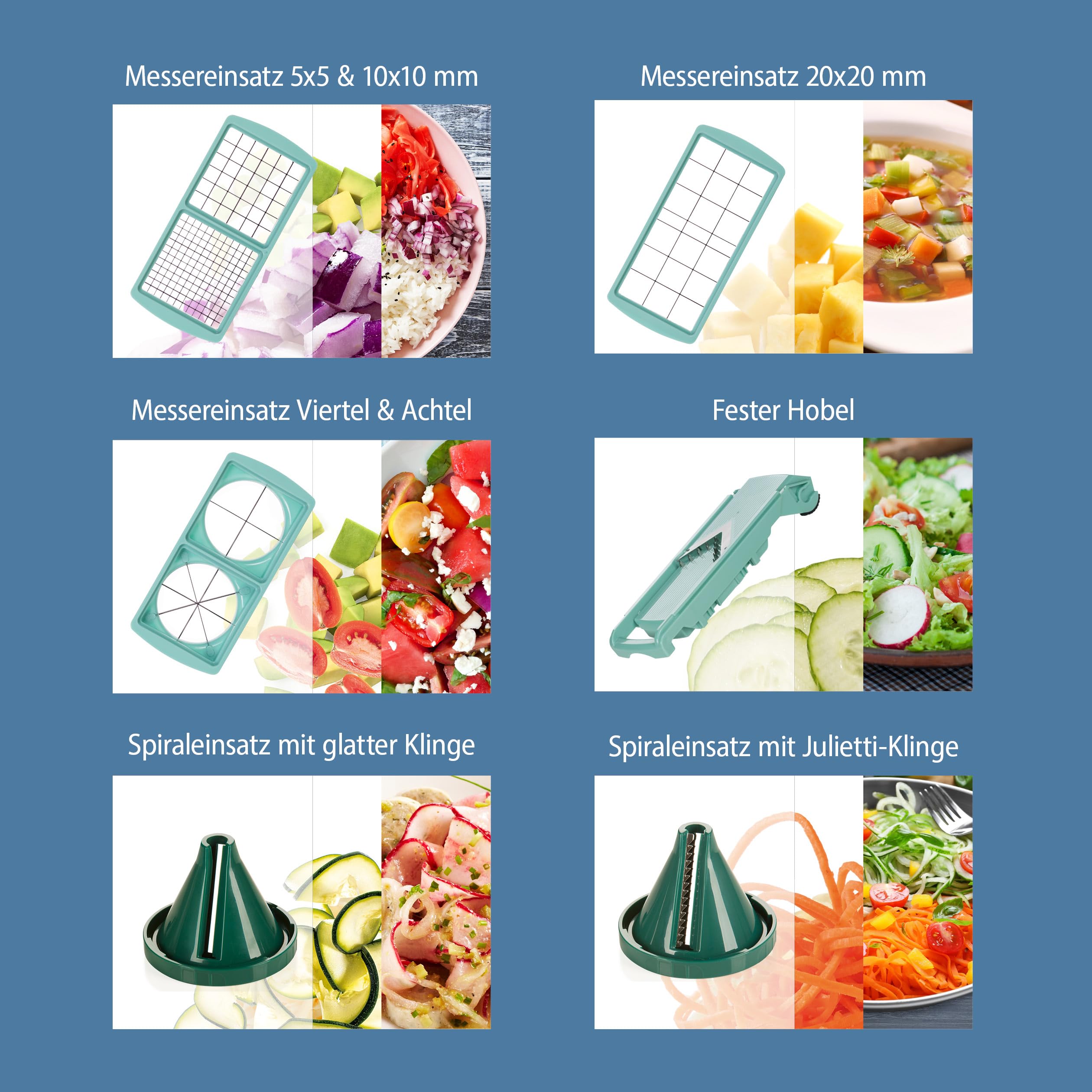 Genius Nicer Dicer Fusion Smart Julietti | Mint-Grün | 16 Teile | Alles-Schneider | Reiben | Julienne | Spiralen | Hobeln | Würfeln | Schneid-Gerät | Bekannt aus TV | NEU, 28.5 x 21 x 16.3 cm