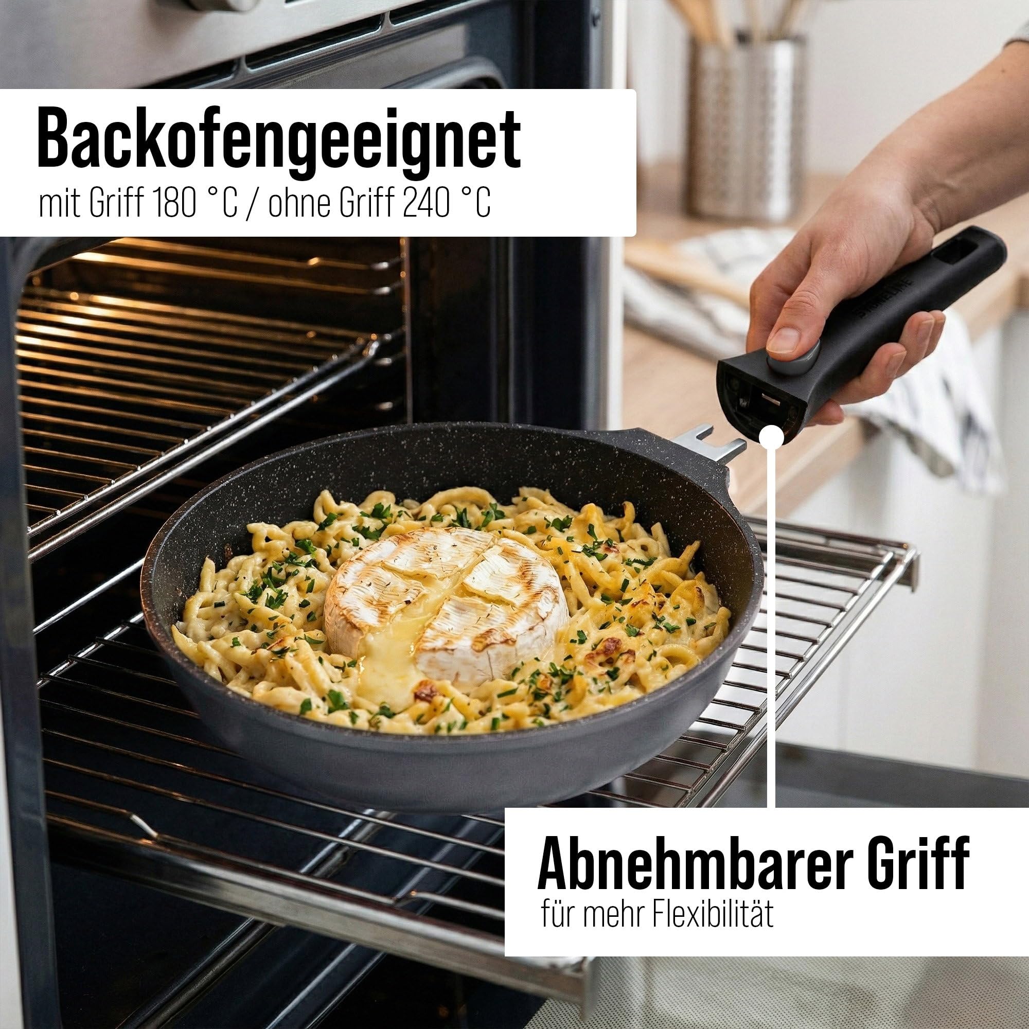 STONELINE SMART Bratpfanne mit Abnehmbarem Griff 28 cm ☆ REDESIGN 25/26 ☆ Große Aluguss Pfanne Induktion, Für alle Herdarten, Antihaftbeschichtet mit echten Steinpartikeln, Grau