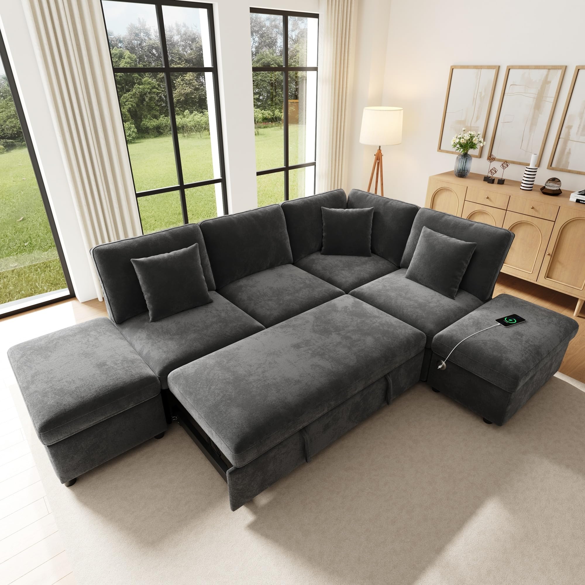 Canapé d'angle 6 Places Forme L Modulable RéVersible Gauche Droite, Fonction Convertible Lit Gigogne, Pouf De Rangement Amovible, Ports USB Type C, 3 Coussins Fournis