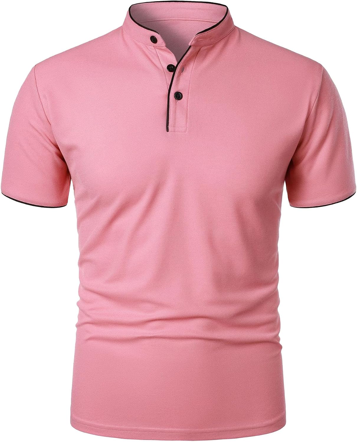 Men Stand Collar Polo Shirt Slim Fit Office Walking Short Sleeve Top | Mandarin Collar, Button Placket, Contrast Trim, Casual Wear, Slim Fit