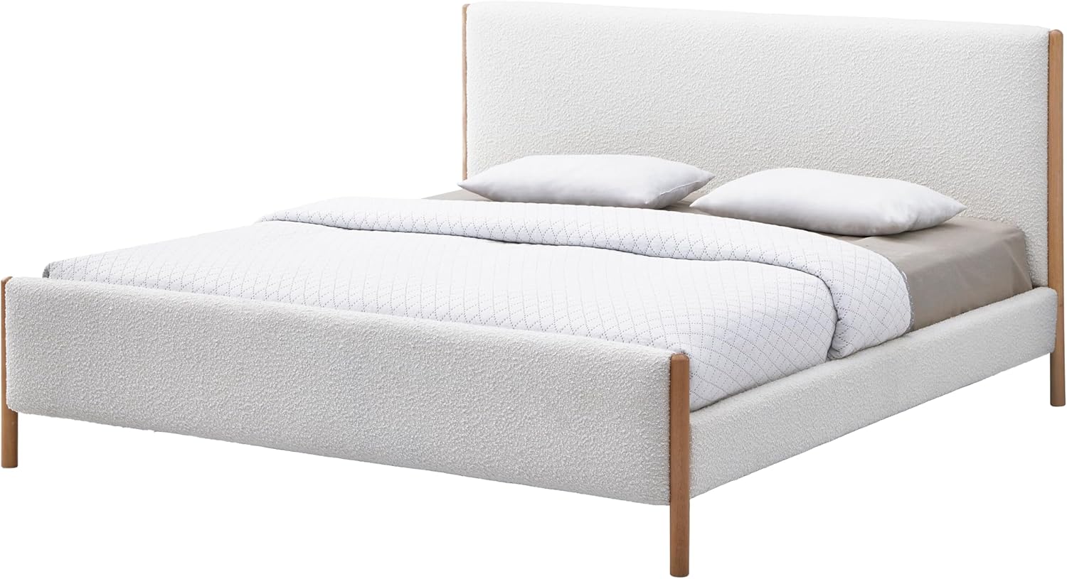 Liana Modern Style Upholstered Platform Bed with Soft Boucle Fabric and Solid Wood Legs - Box Spring Not Required - White Boucle, King Size