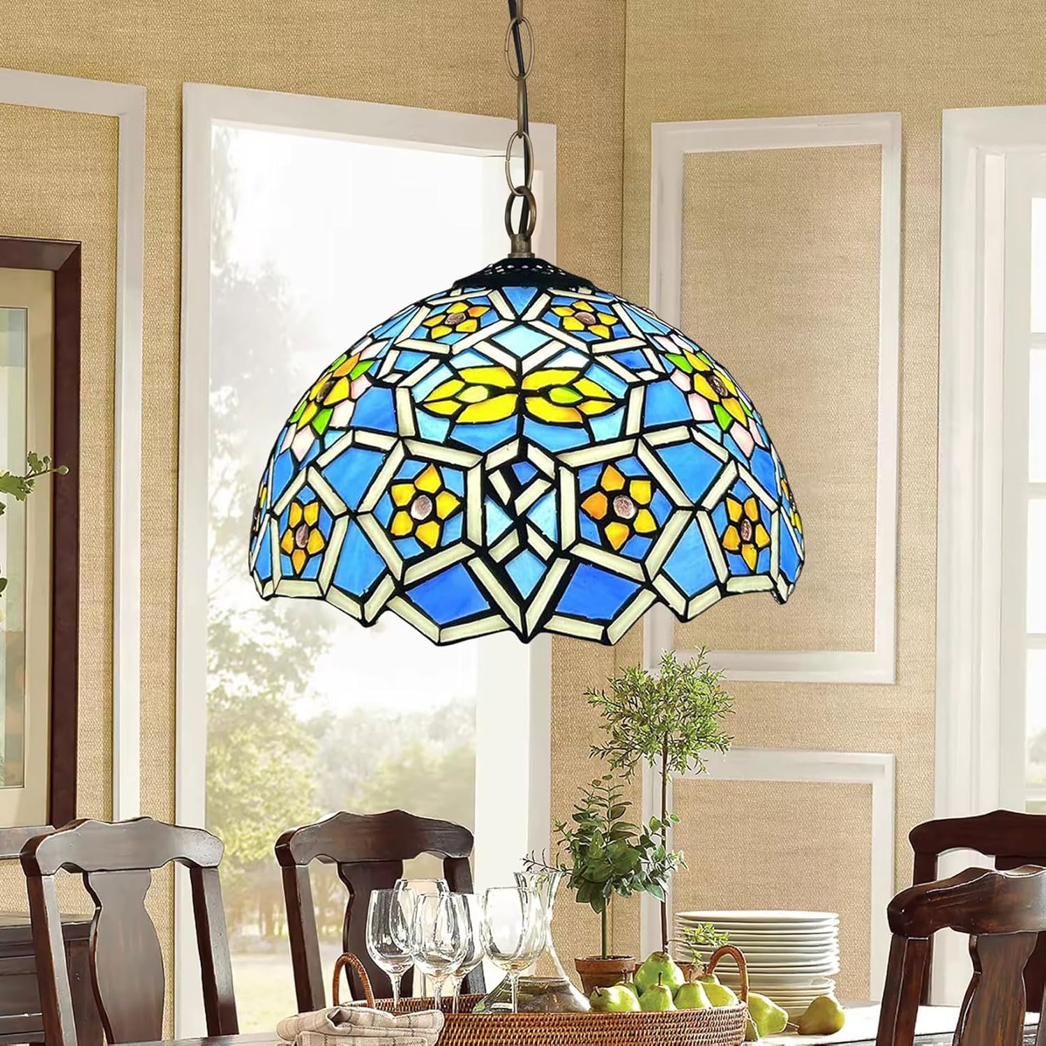 12 Inch Tiffany Style Lamp Shade Replacement, Only W12H7 Inch Yellow Blue Stained Glass Floral Lampshades, Retro Lamp Cover Accessories Fit for Table lamp Pendant Light Ceiling Fixture