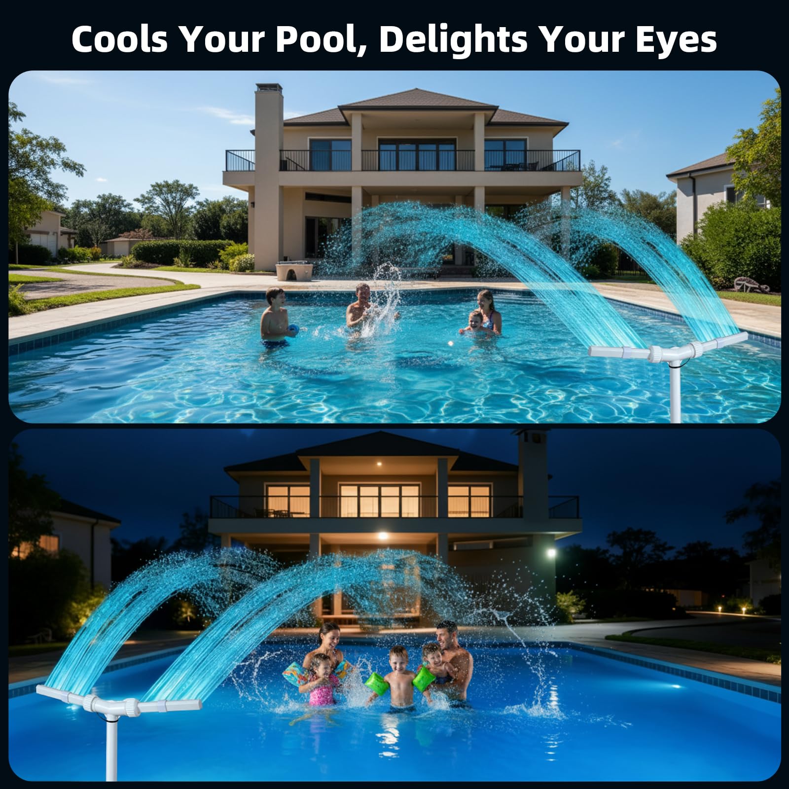 Doppelsprühbrunnen-Pool mit Lichtern für oberirdische Pools, Wasserfall-Sprinklerbrunnen mit Lichtern, Bestcool Solar-Poolbrunnen mit Doppelsprühwassersprinkler für Schwimmbadteich-Gartendekoration