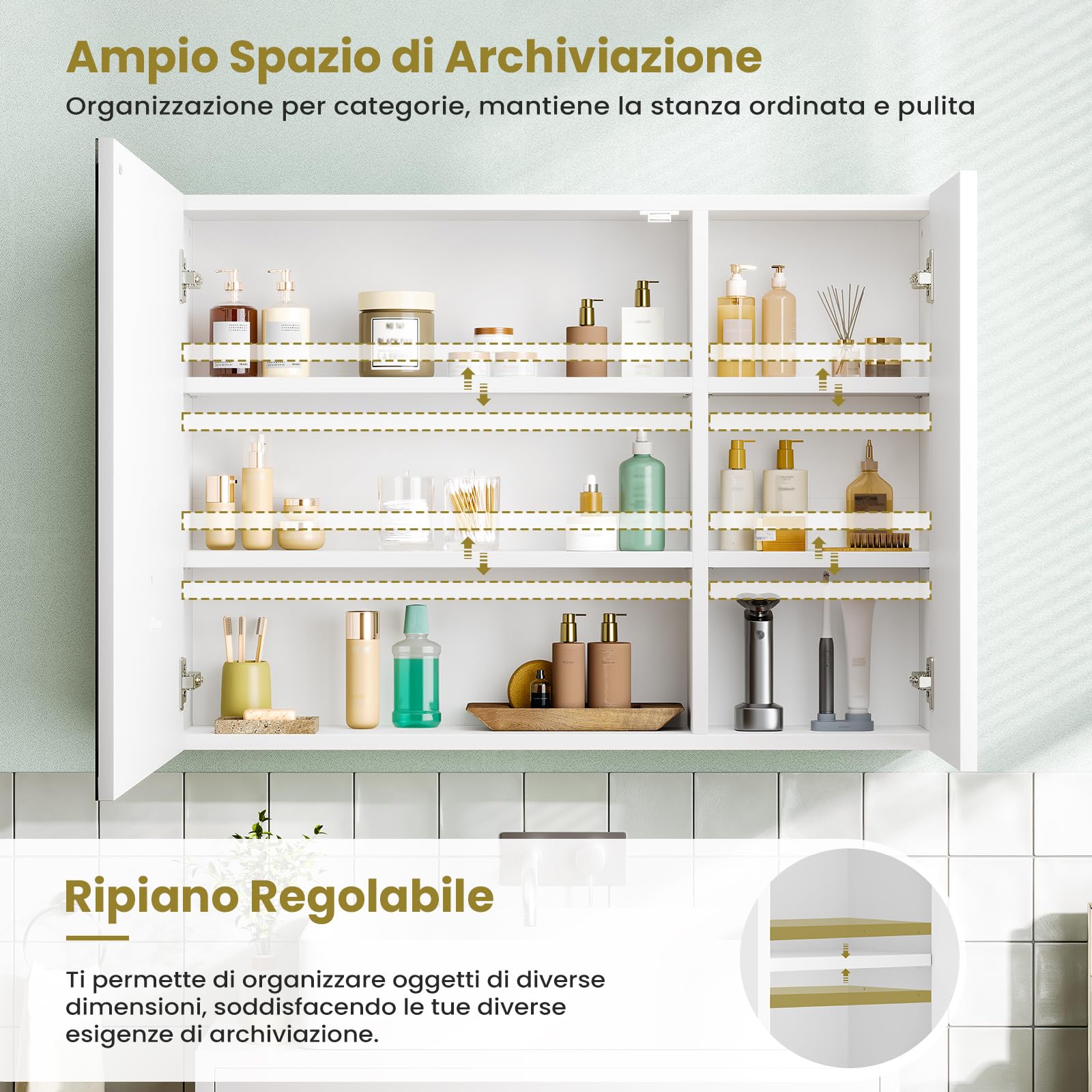 Specchio Bagno Contenitore 80x60x16cm con Luce LED, Specchiera Bagno con Scaffali Regolabili, Mobile Bagno Sospeso con Specchio ad Alta Definizione, Tre Tonalità Colore, Touch Control, Bianco