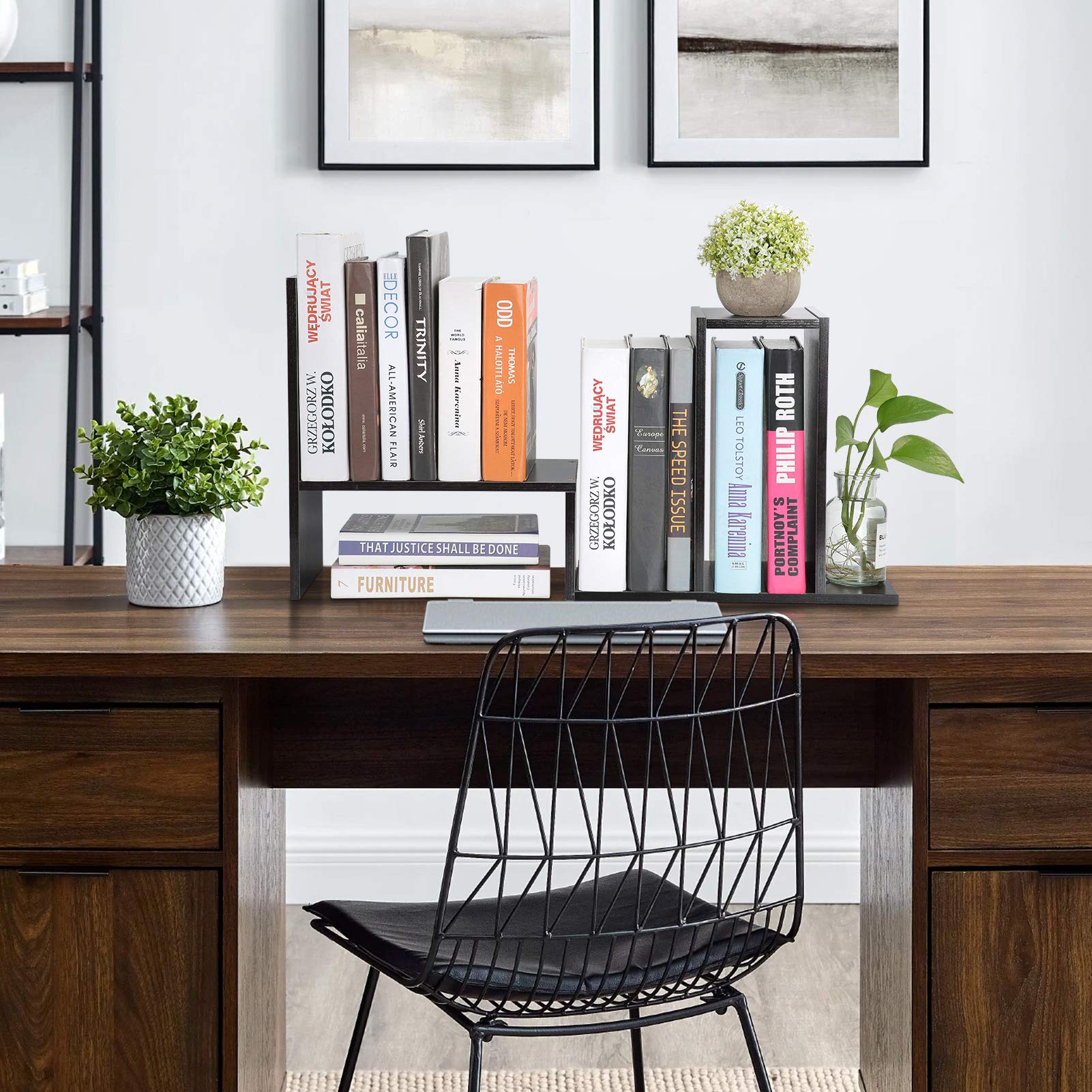 Étagère de Rangement de Bureau Réglable, Organisateur de Comptoir, Bibliothèque pour Livres, Fournitures de Bureau avec Assemblage Facile (Noyer Noir)