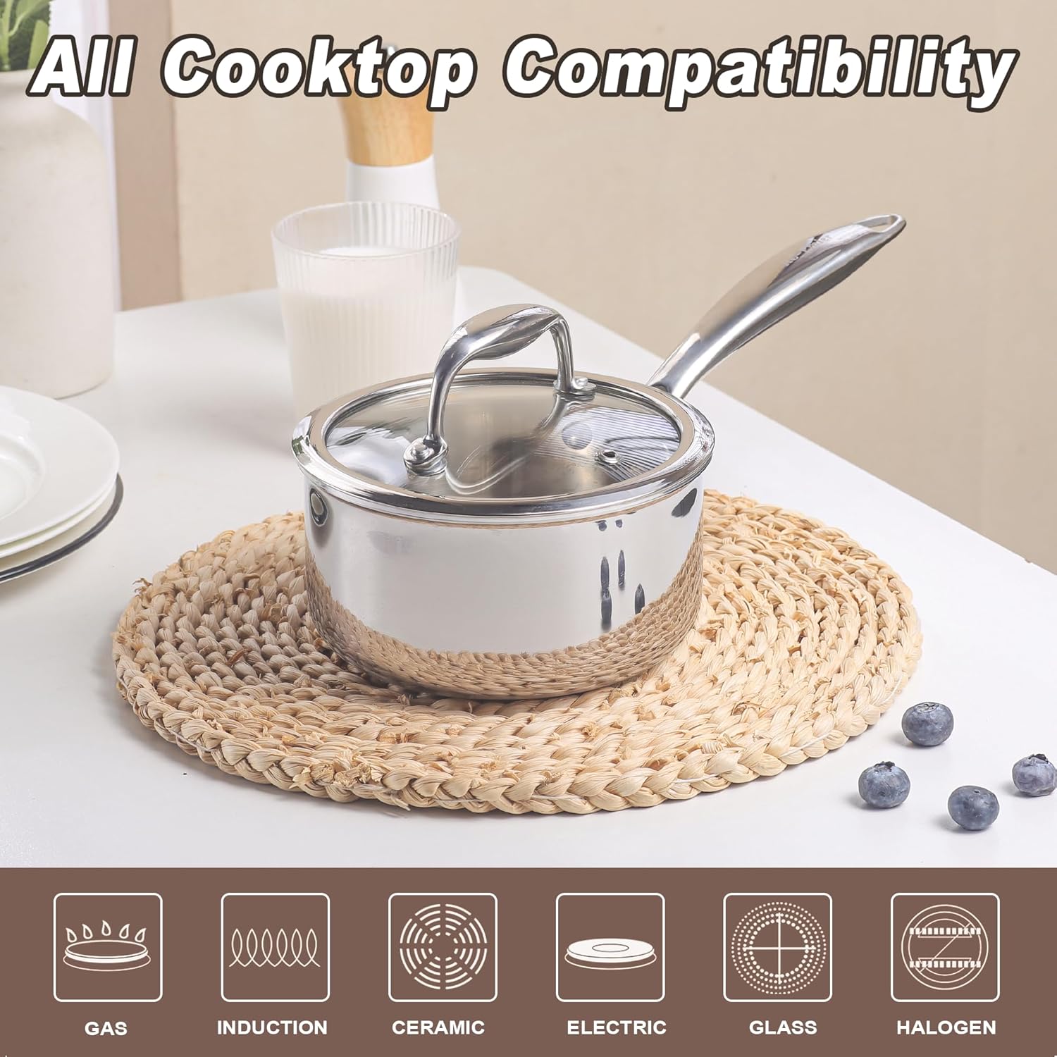 1-Quart Saucepan with Lid, Tri-Ply Stainless Steel Pot with Stay-Cool Handle & All Cooktop Compatibility (Gas, Ceramic, Electric) - Silver - Image 3