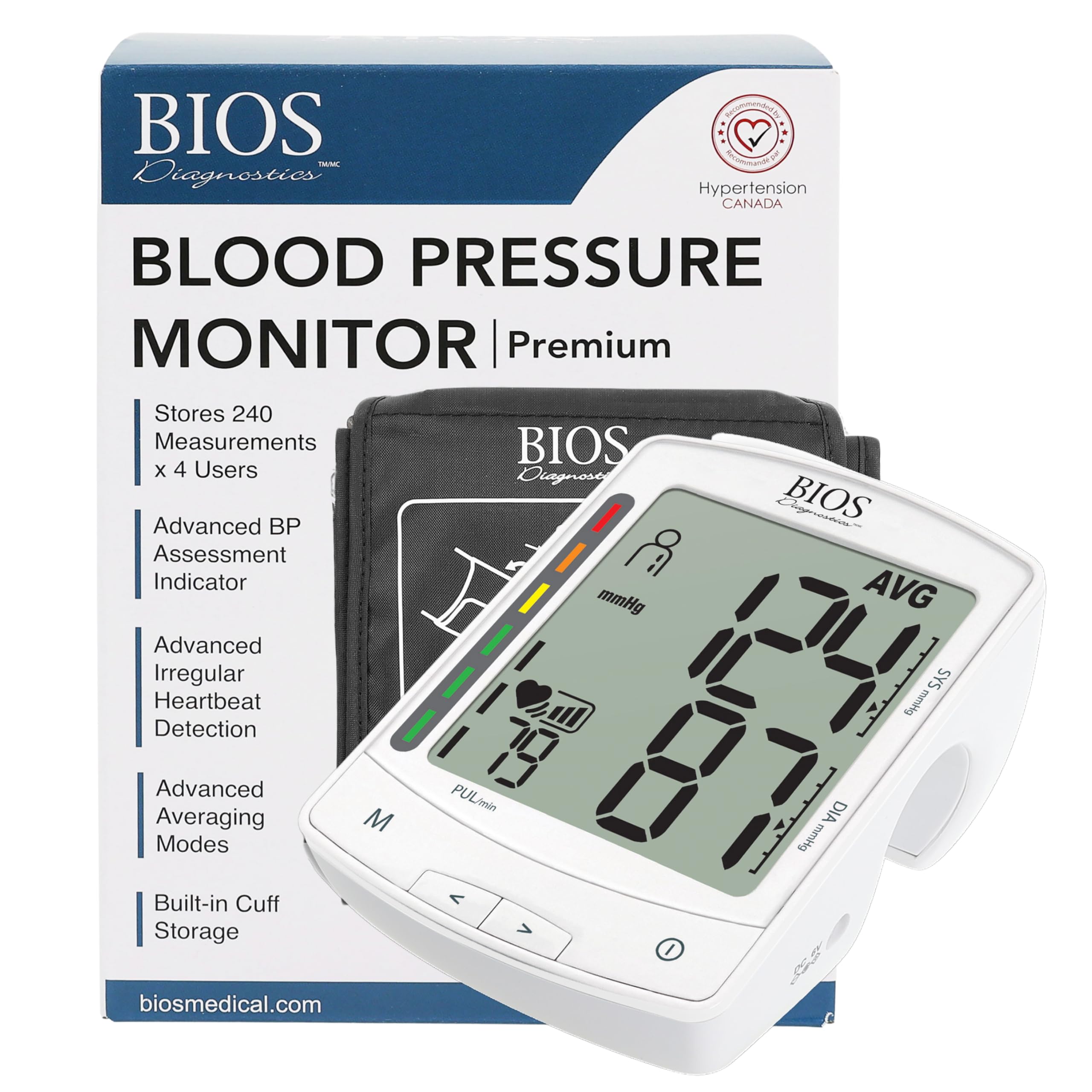 BIOS Diagnostics Premium Blood Pressure Monitor, #1 Canadian Blood Pressure Manufacturer*, 4 Users 240 Memory Each, Advanced BP Assessment Indicator, Irregular Heartbeat Detection, & Averaging Modes